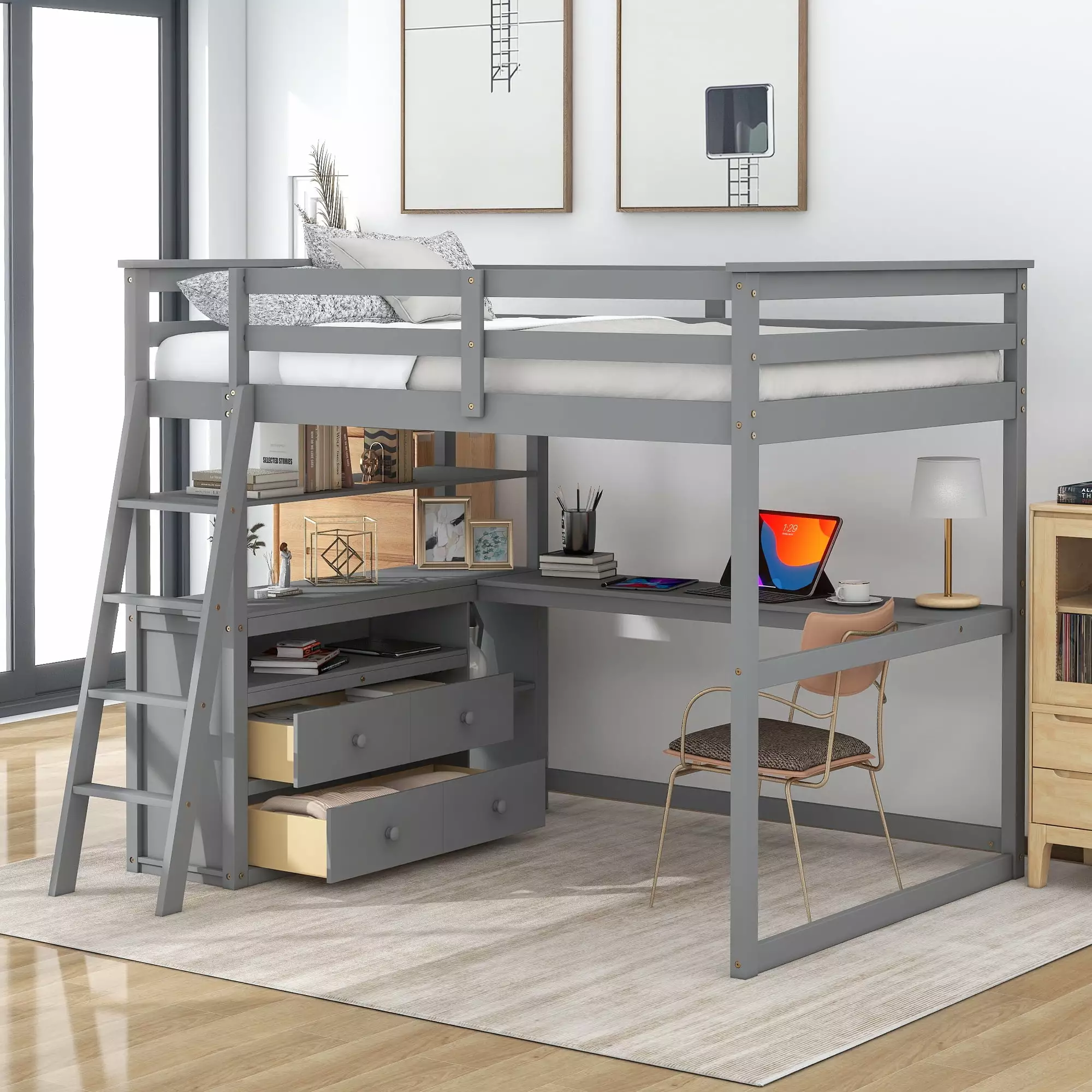 Euroco Full Size Wood Loft Bed with Desk. Shelves and Cabinets for Kids Room. Incline Ladder and 3 Drawers. Gray