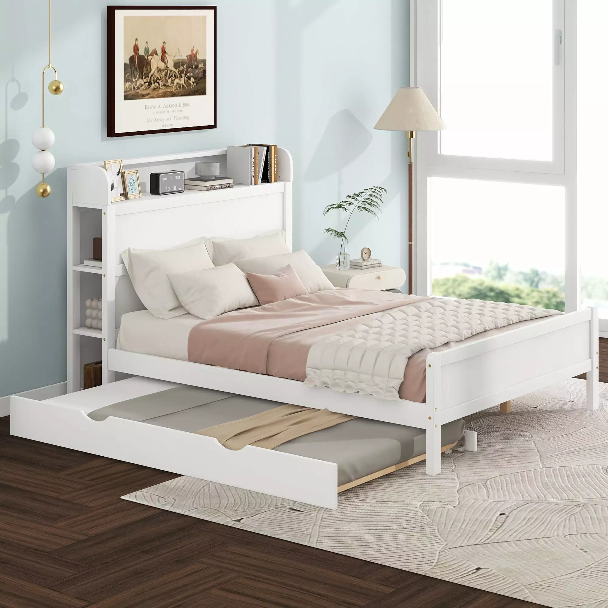 Euroco Full Size Wood Platform Bed with Trundle and Storage Headboard. White