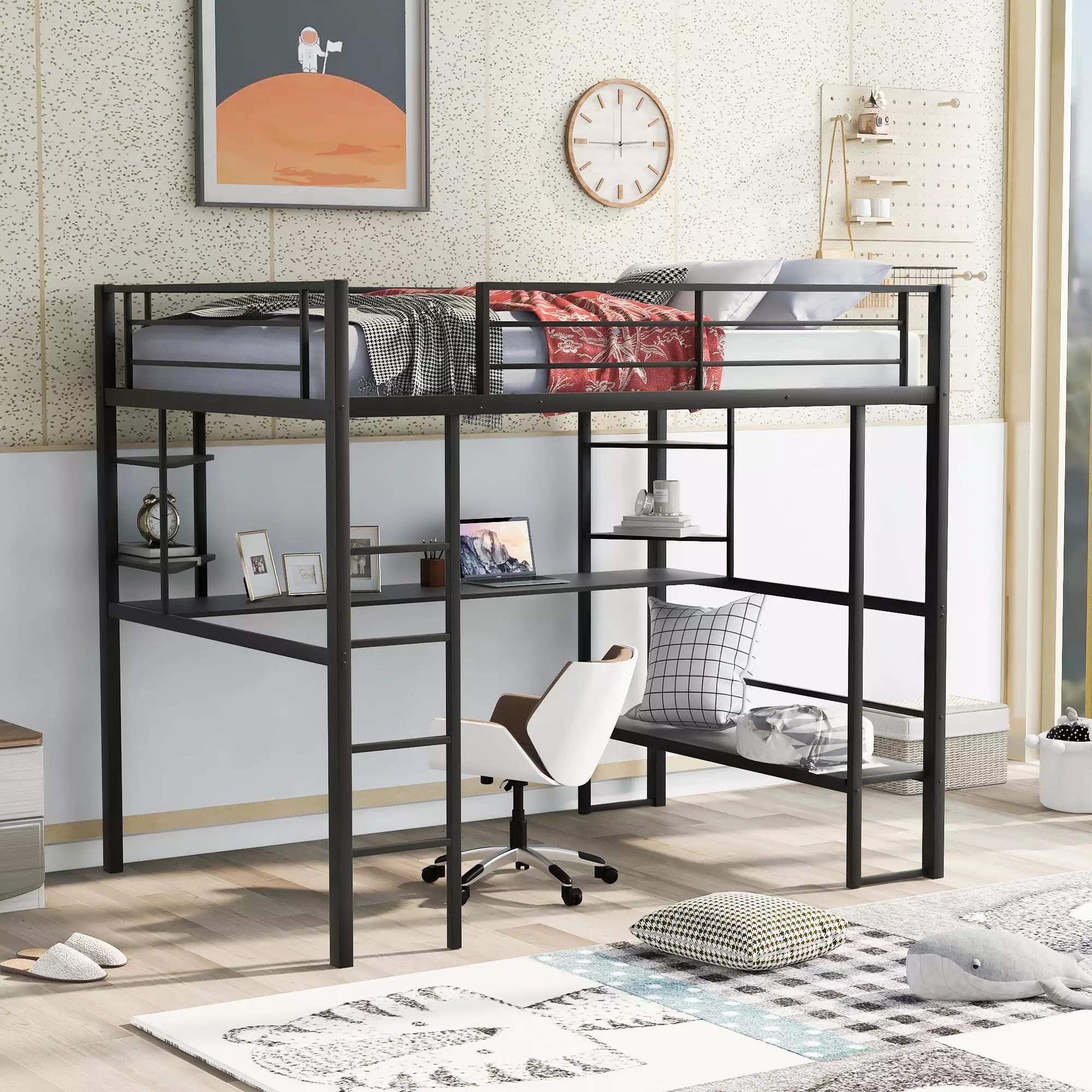 Euroco Metal Full Size Loft Bed with Desk. Shelf and Lounge for Kids Bedroom. Black