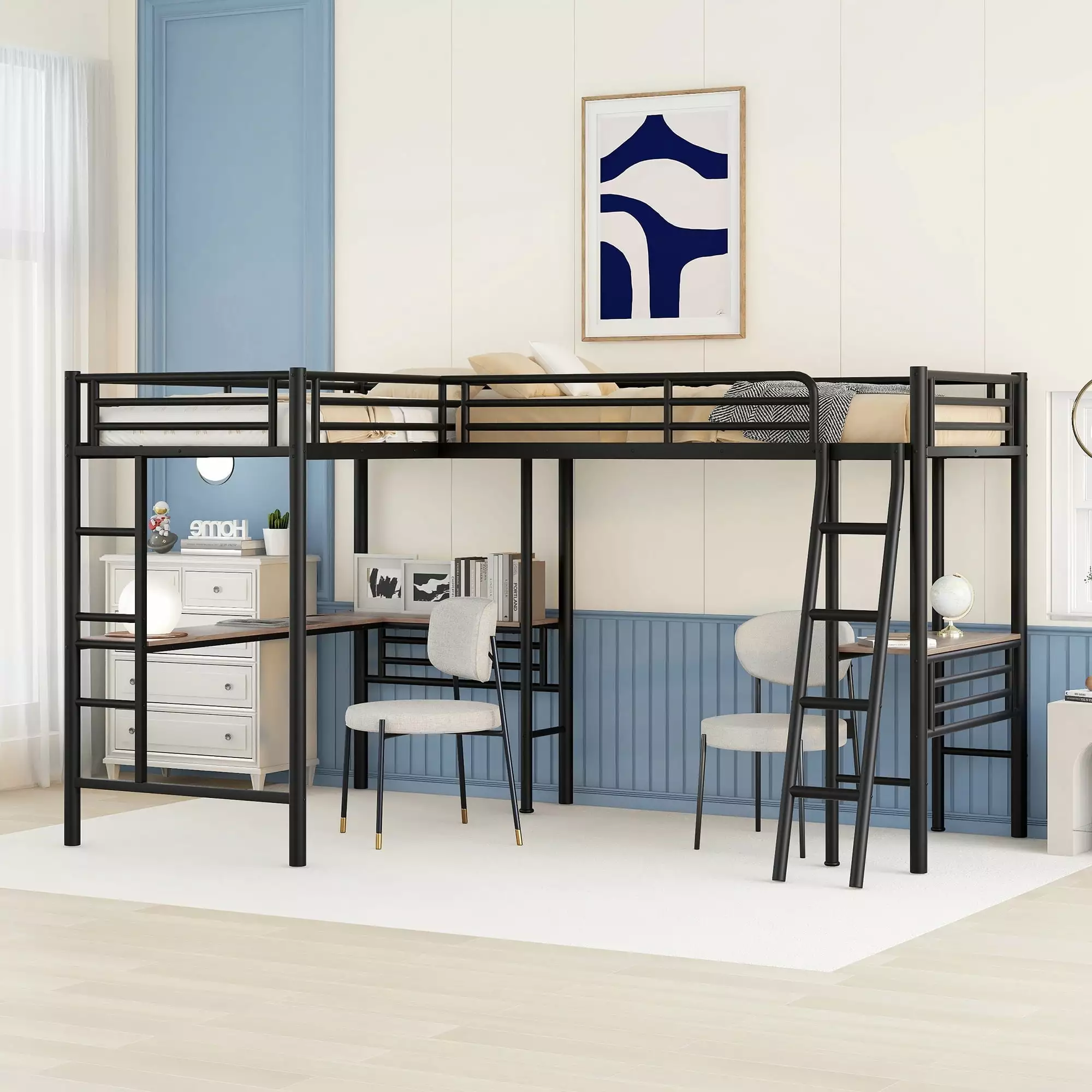 Euroco Metal L-Shaped Twin Size Loft Bed with Two Desk for Kids Bedroom. Black