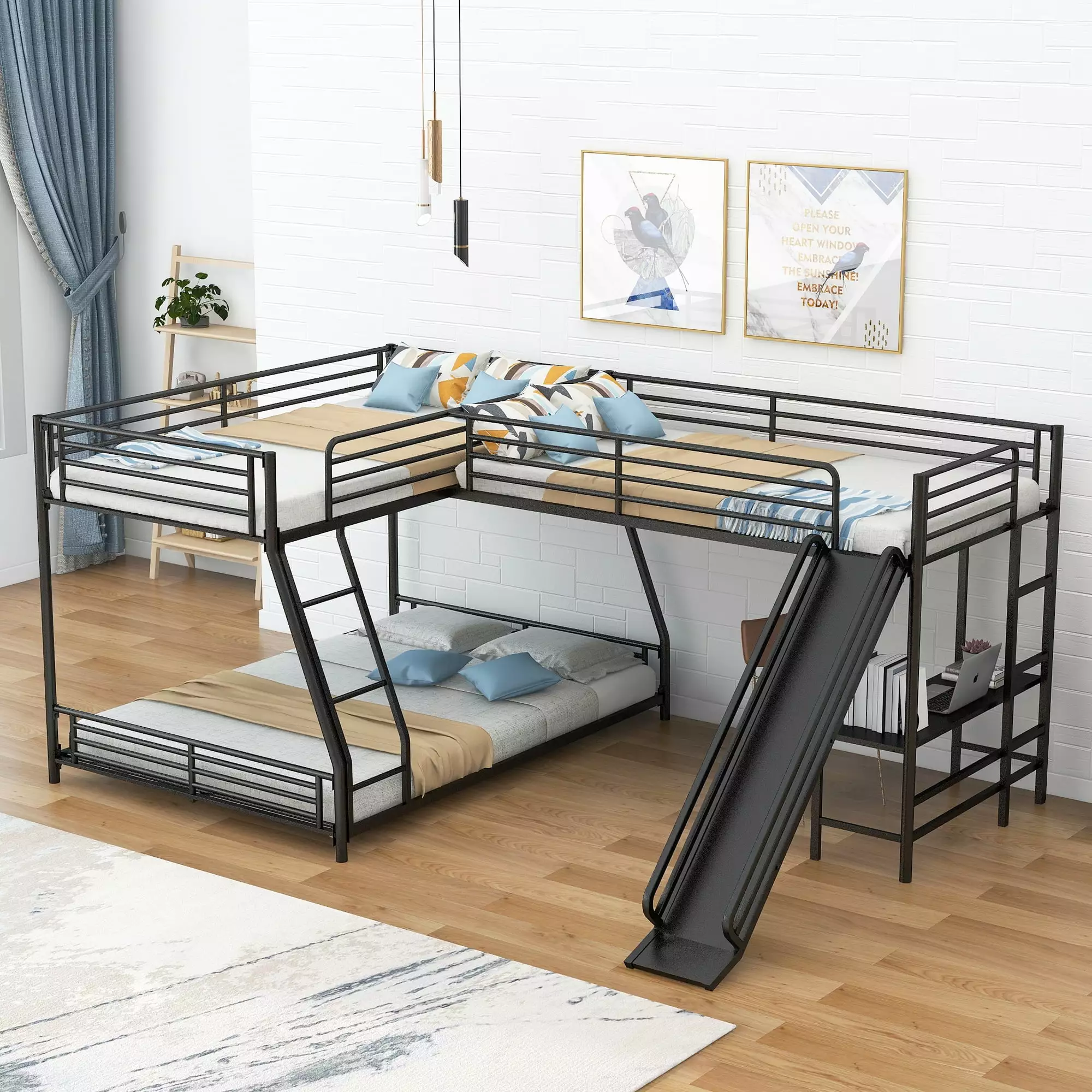 Euroco Metal L-Shaped Twin over Full Bunk and Twin Loft Bed with Desk and Slide for Kids Teens Adults. 3 Beds in 1. Black