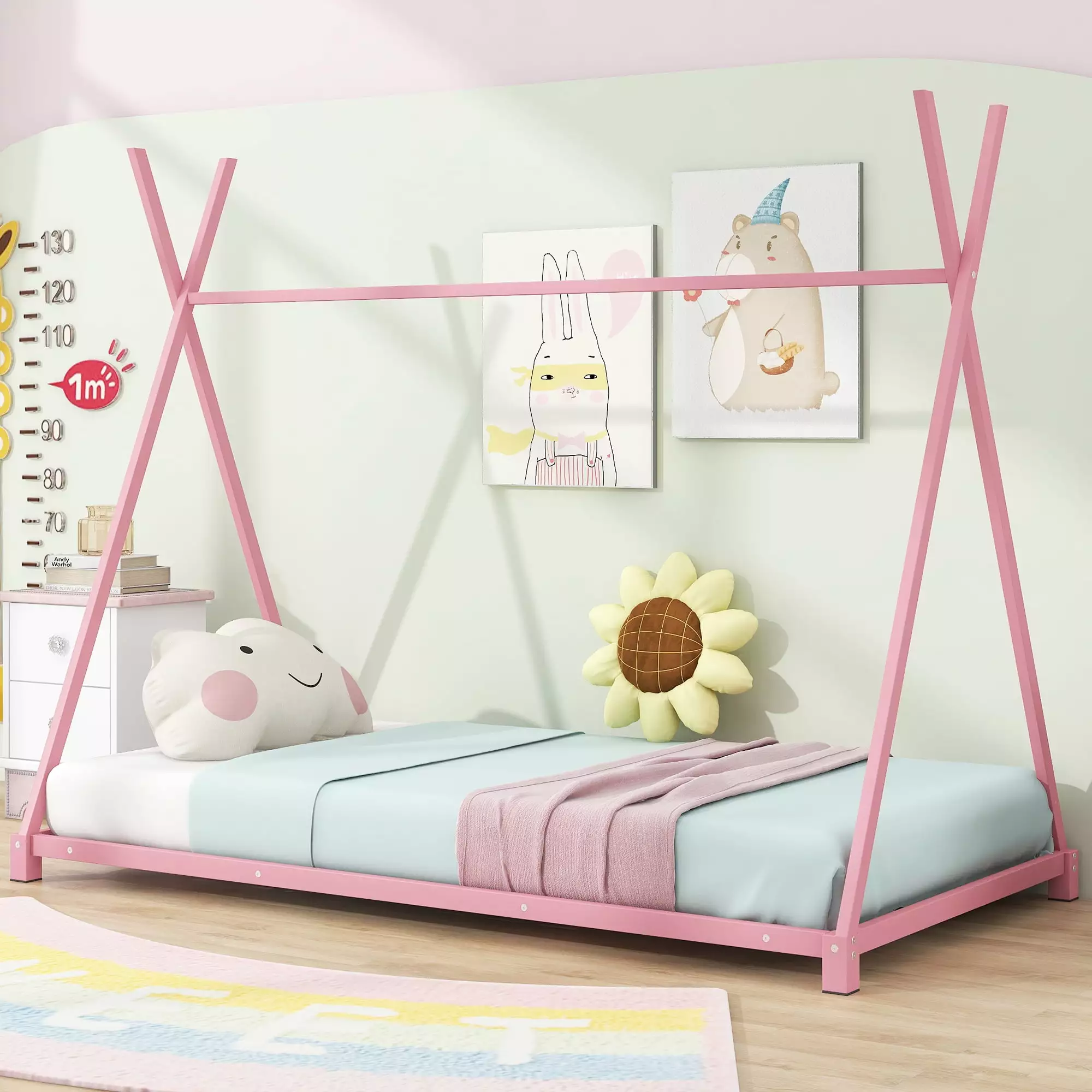 Euroco Metal Tent Bed Frame. Twin Size Bed for Kids Bedroom. Pink