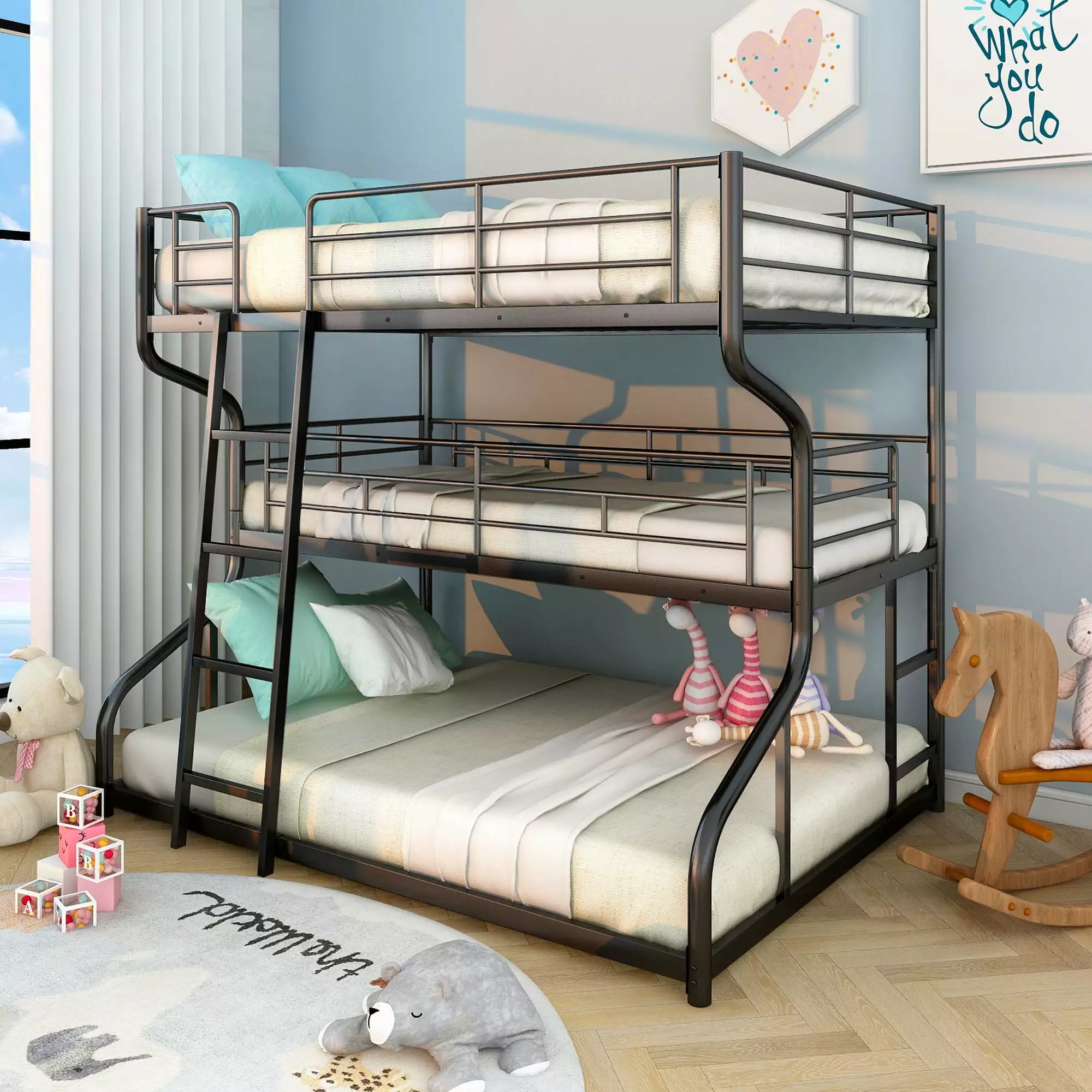 Euroco Metal Triple Bunk Bed. Full XL over Twin XL over Queen Floor Bed for Kids Room. Black