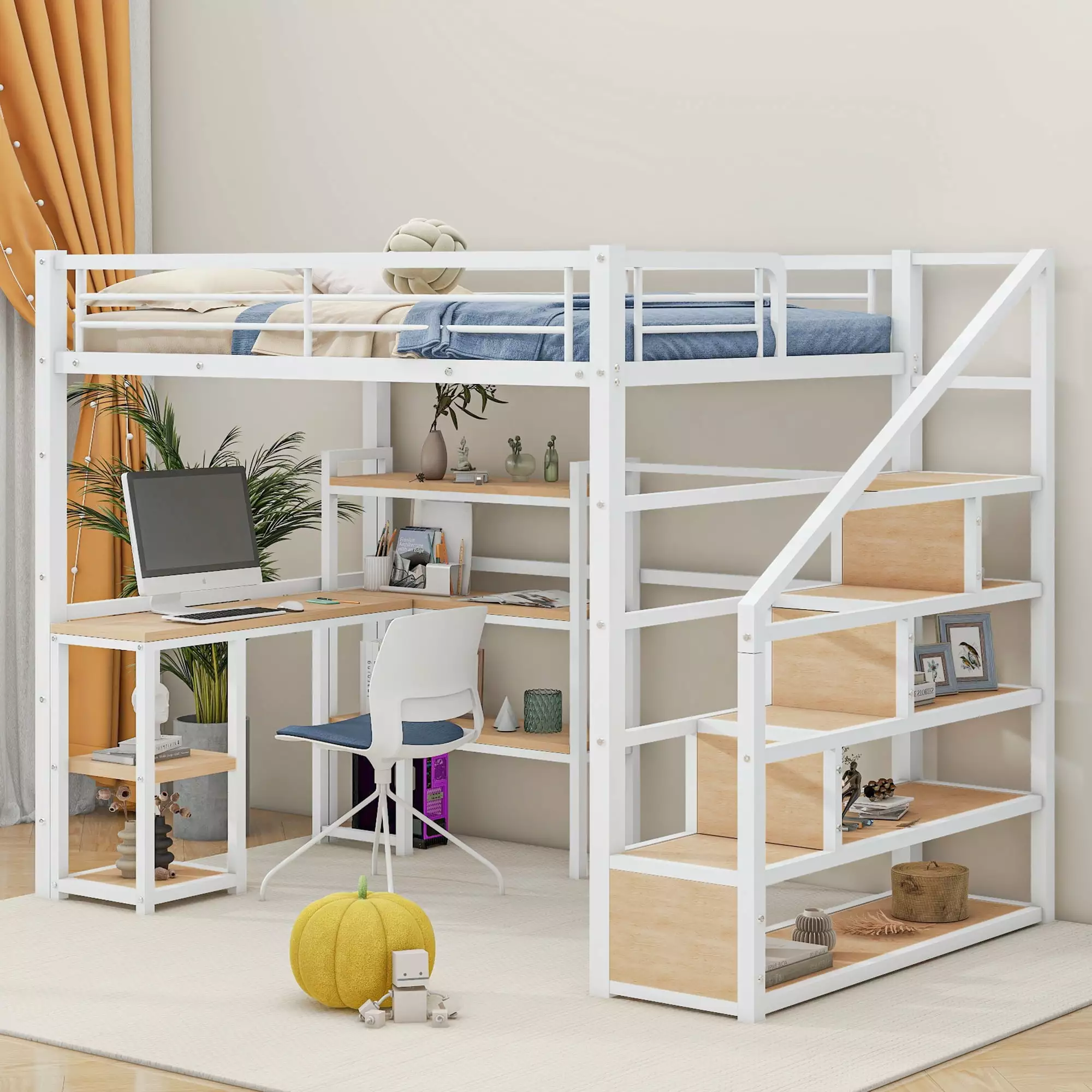 Euroco Metal Twin Bed. Loft Bed with Desk and Bookcase. Shelf and Storage Staircase for Kids Teens Adults