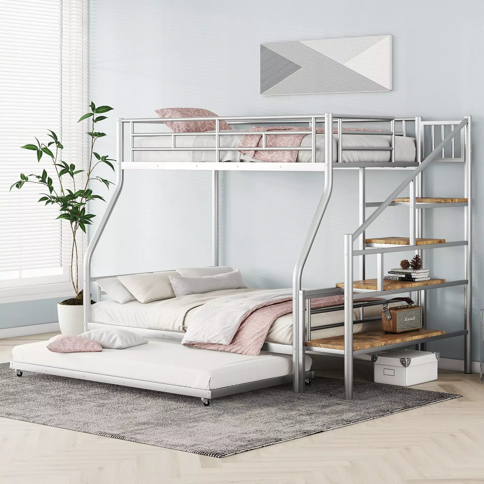 Euroco Metal Twin over Full Size Bunk Bed. Bunk Bed with Storage Staircase and Twin Trundle Bed. Multiple Storage Bed with Shelf for Kids Bedroom. Silver