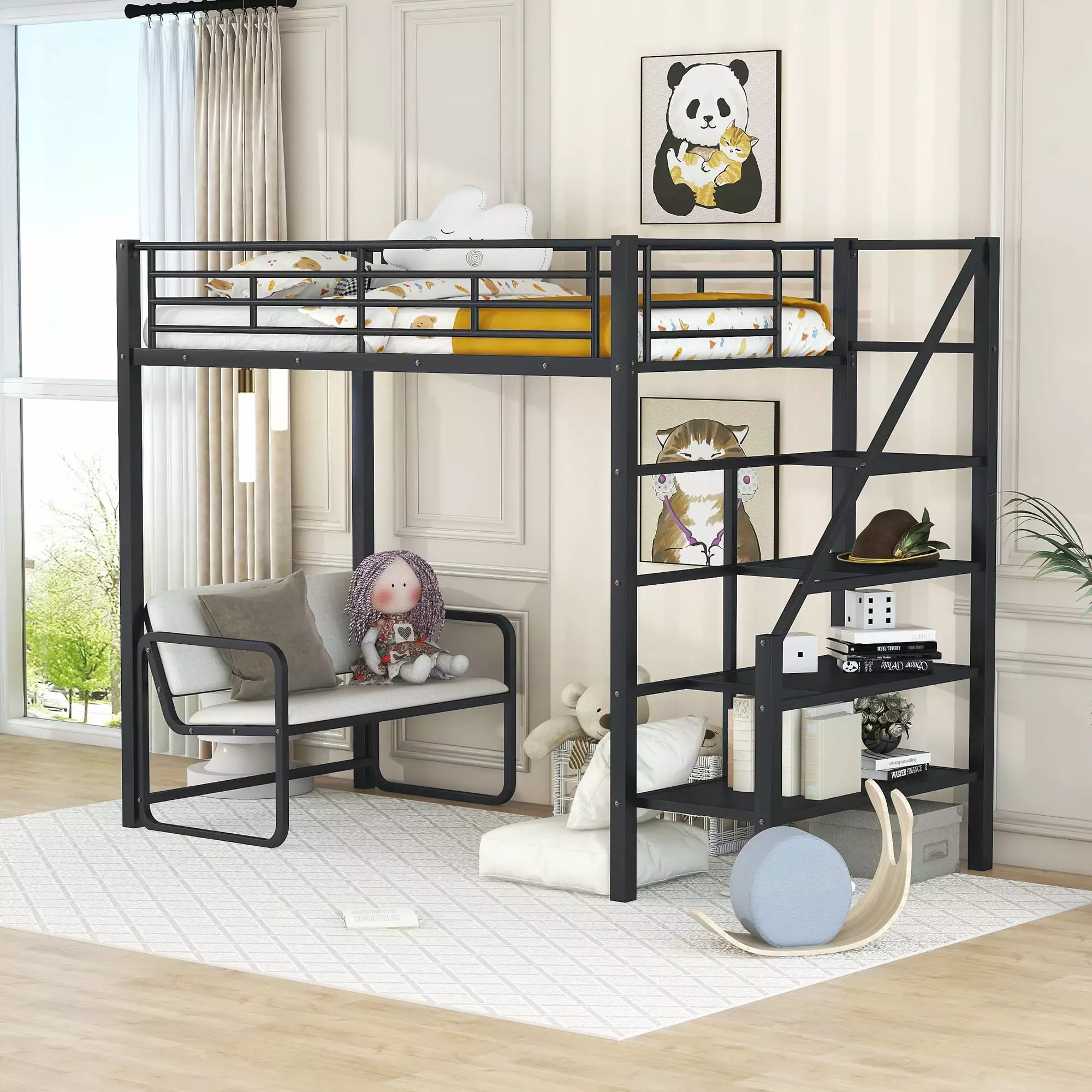 Euroco Metal Twin Loft Bed with Bench and Shelf for Kids Teens Adults. Cushion Included. Black