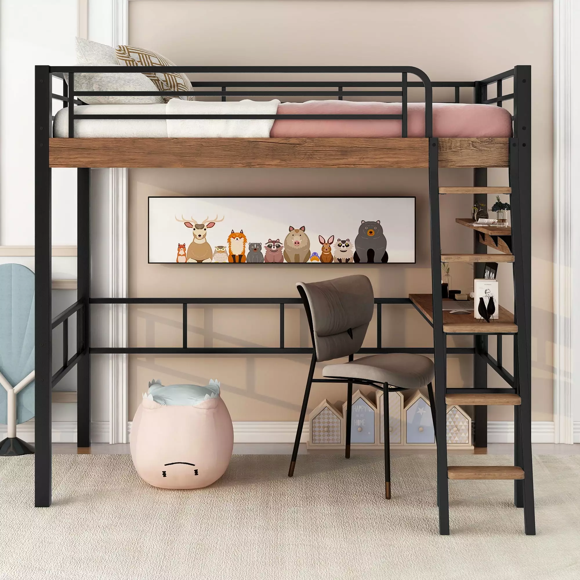 Euroco Metal Twin Size Loft Bed with Built-in Desk and Shelf for Kids Bedroom. Black