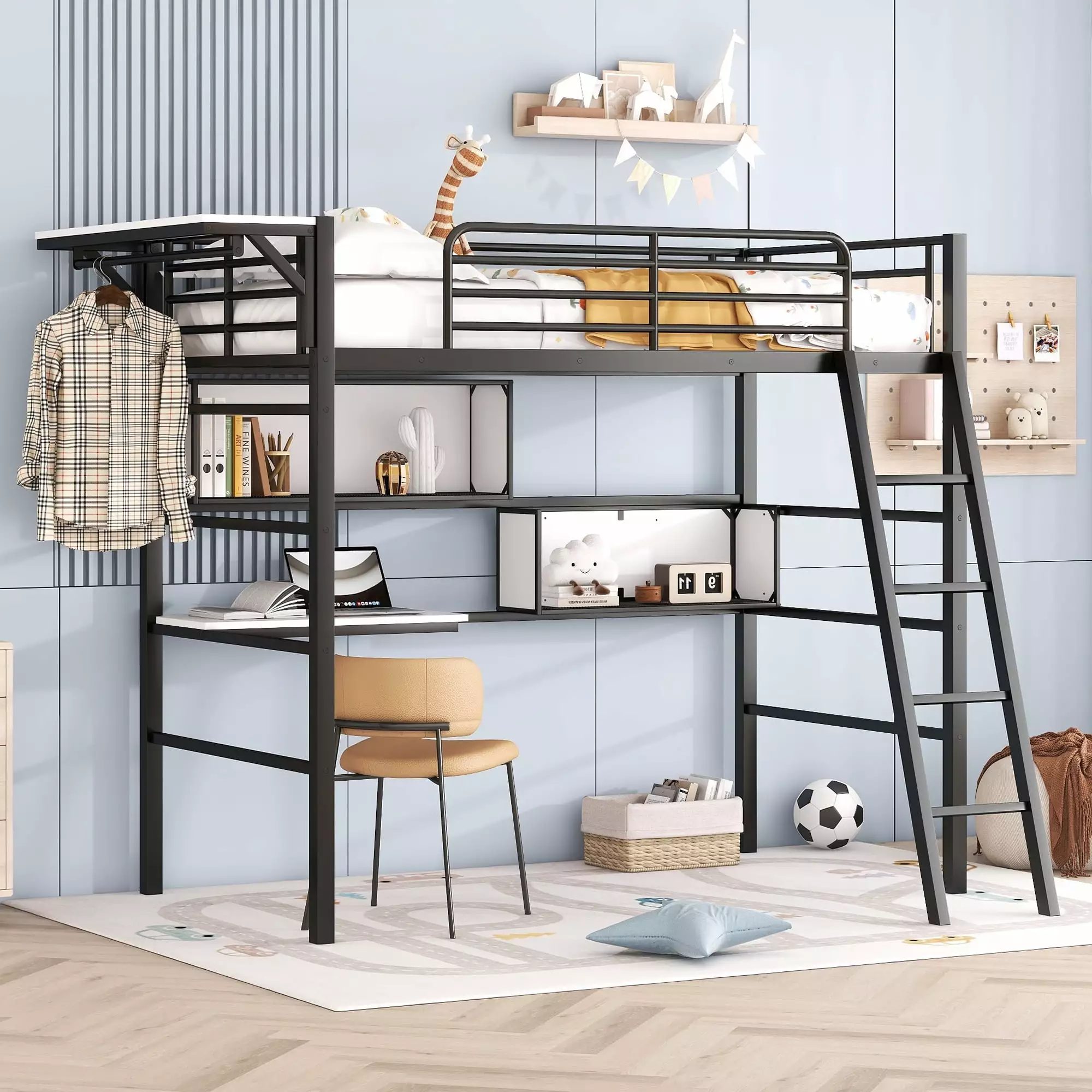 Euroco Metal Twin Size Loft Bed with Desk. Shelf and Clothes Hanger for Bedroom. Desktop for Storage. Black & White