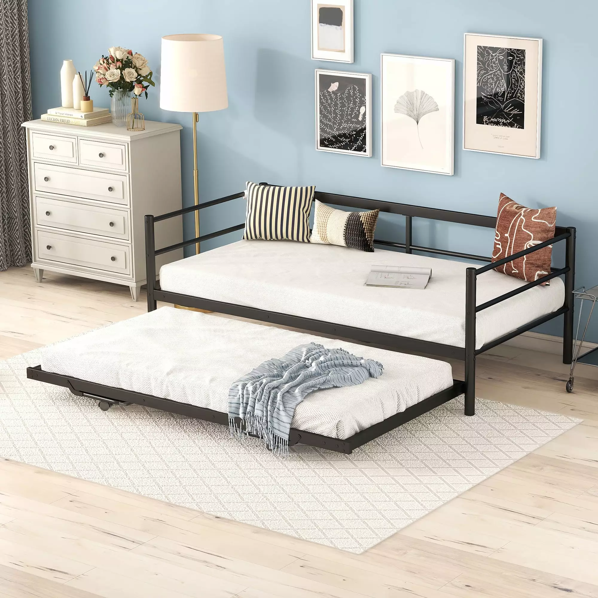 Euroco Metal Twin Size Platform Bed. Convertible Daybed with Trundle Bed. Pop Up Trundle for Guests and Extra Storage. Black