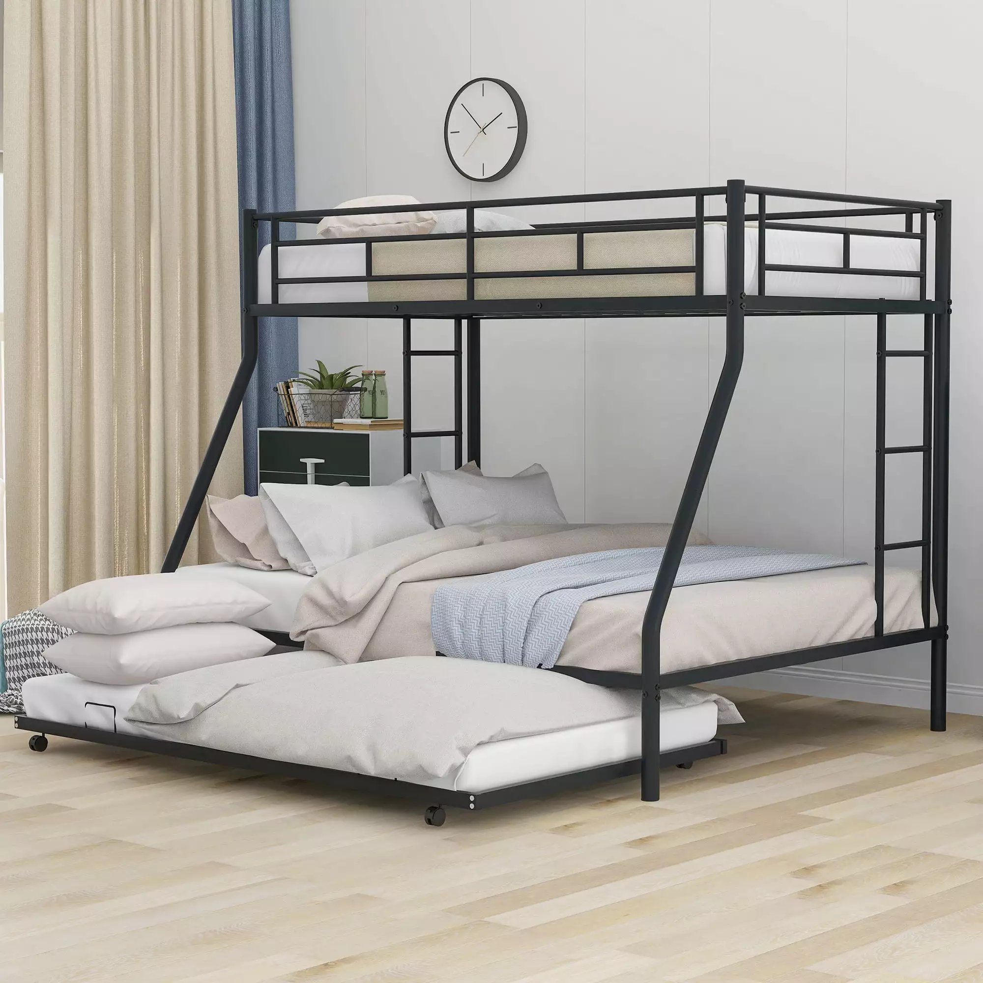 Euroco Metal Twin over Full Bunk Bed with Moveable Trundle & 2 Ladders for Bedroom. 3 Beds for Kids Teens Adults and Guests. Black