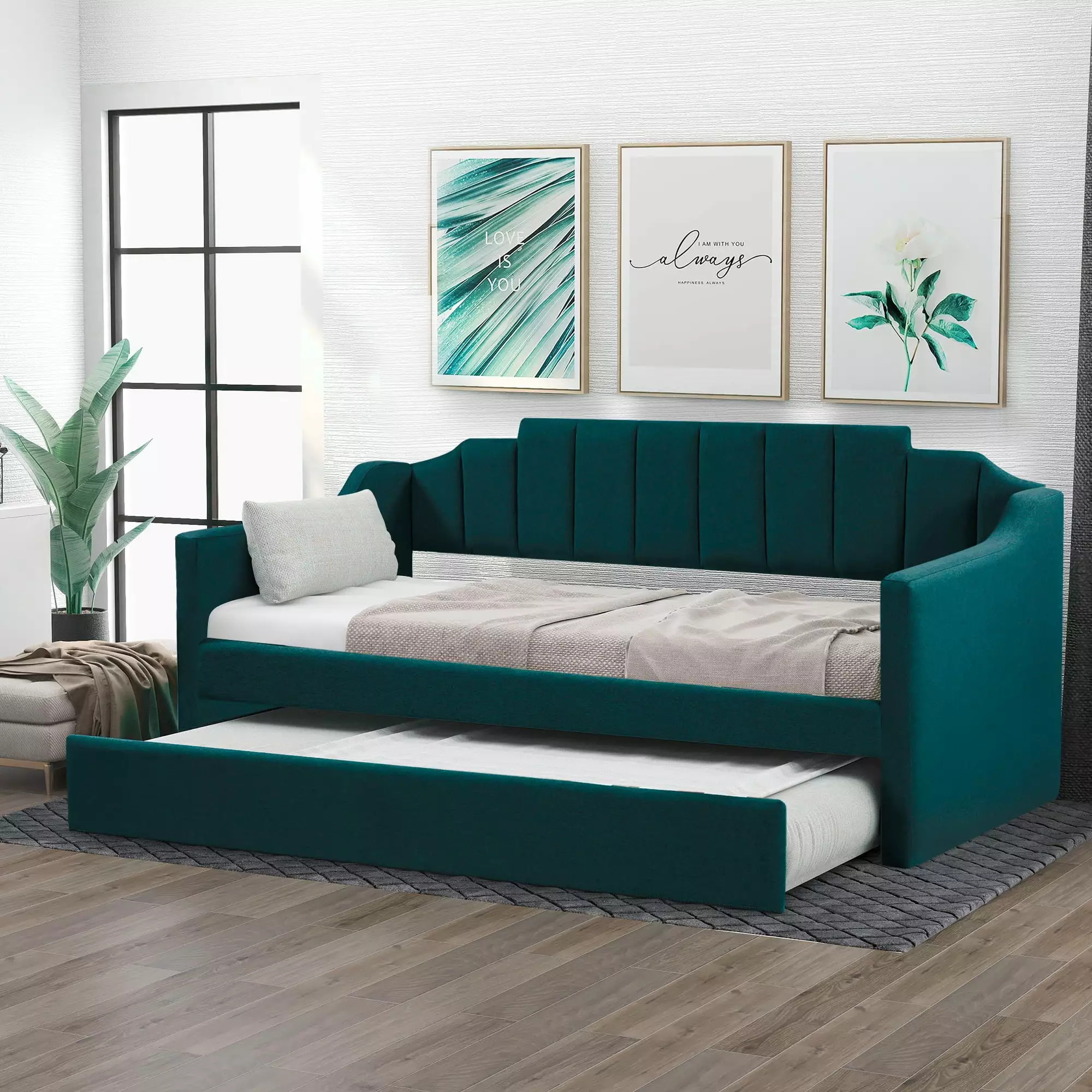 Euroco Modern Fabric Upholstered Twin Daybed with Trundle for Kids Bedroom. Green