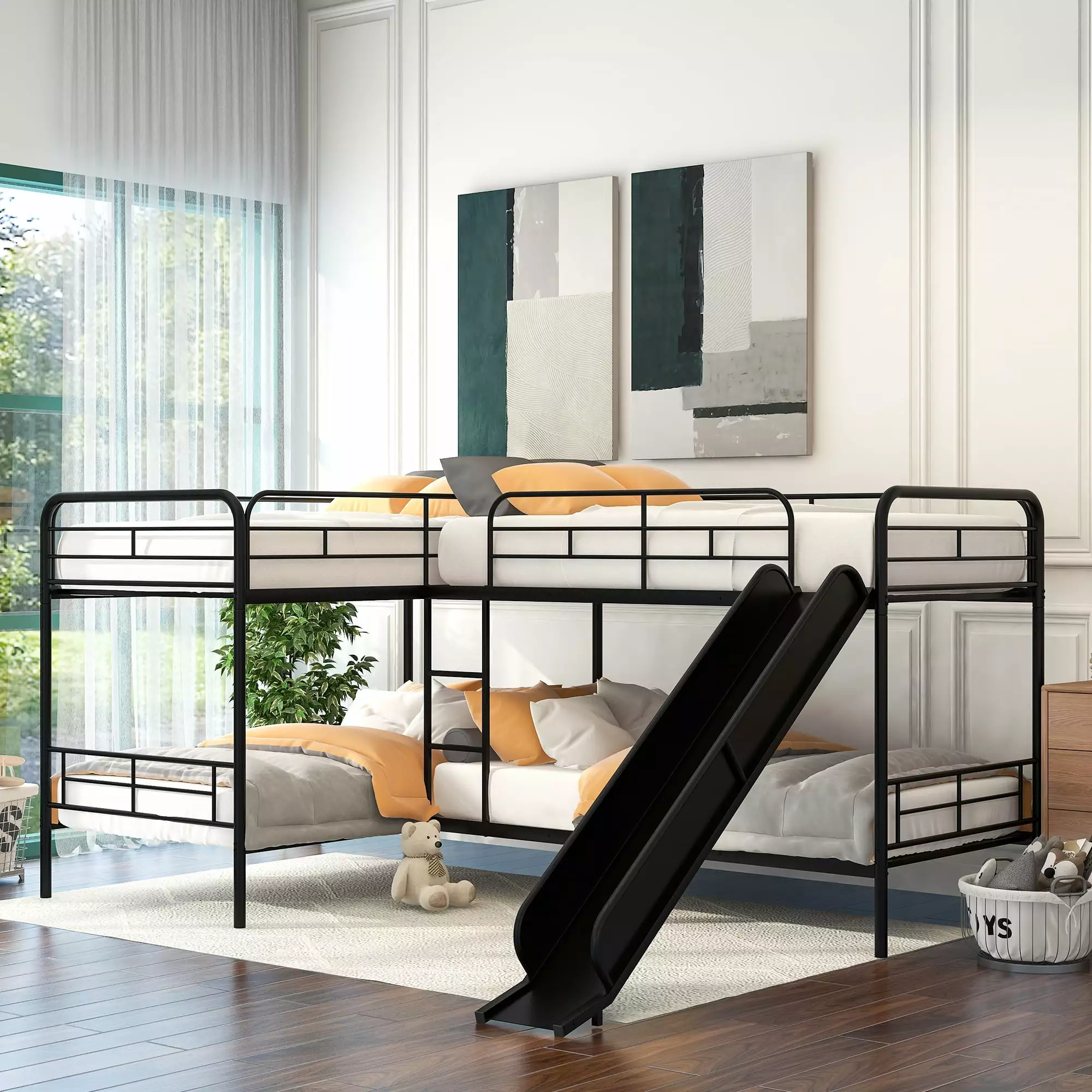 Euroco Modern Metal Twin L-Shaped Quadruple Bunk Bed for Kids Bedroom. 4-in-1 Beds with Slide. 4 Twin Beds. Black