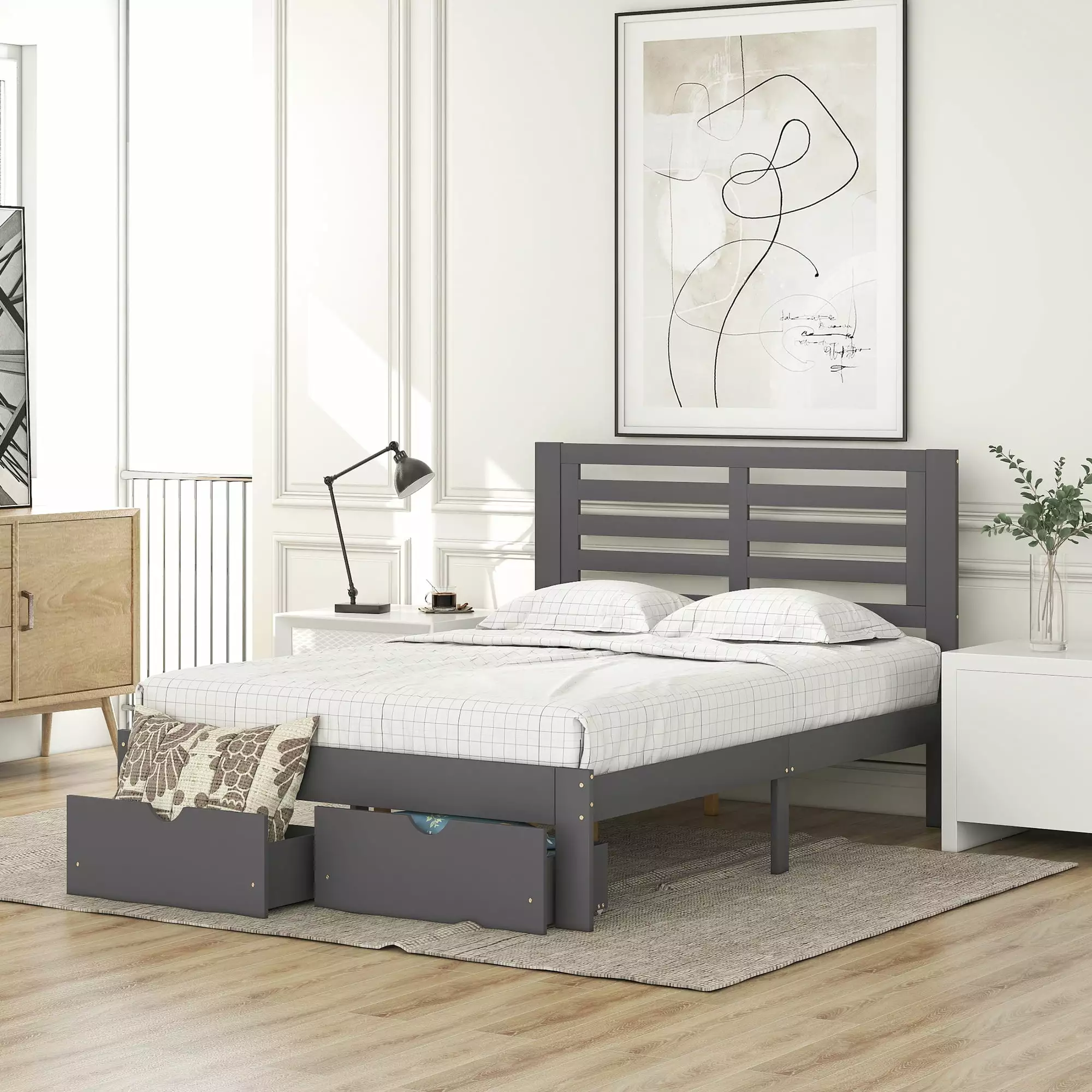 Euroco Modern Pine Wood Storage Platform Bed. Full for Kids. Gray