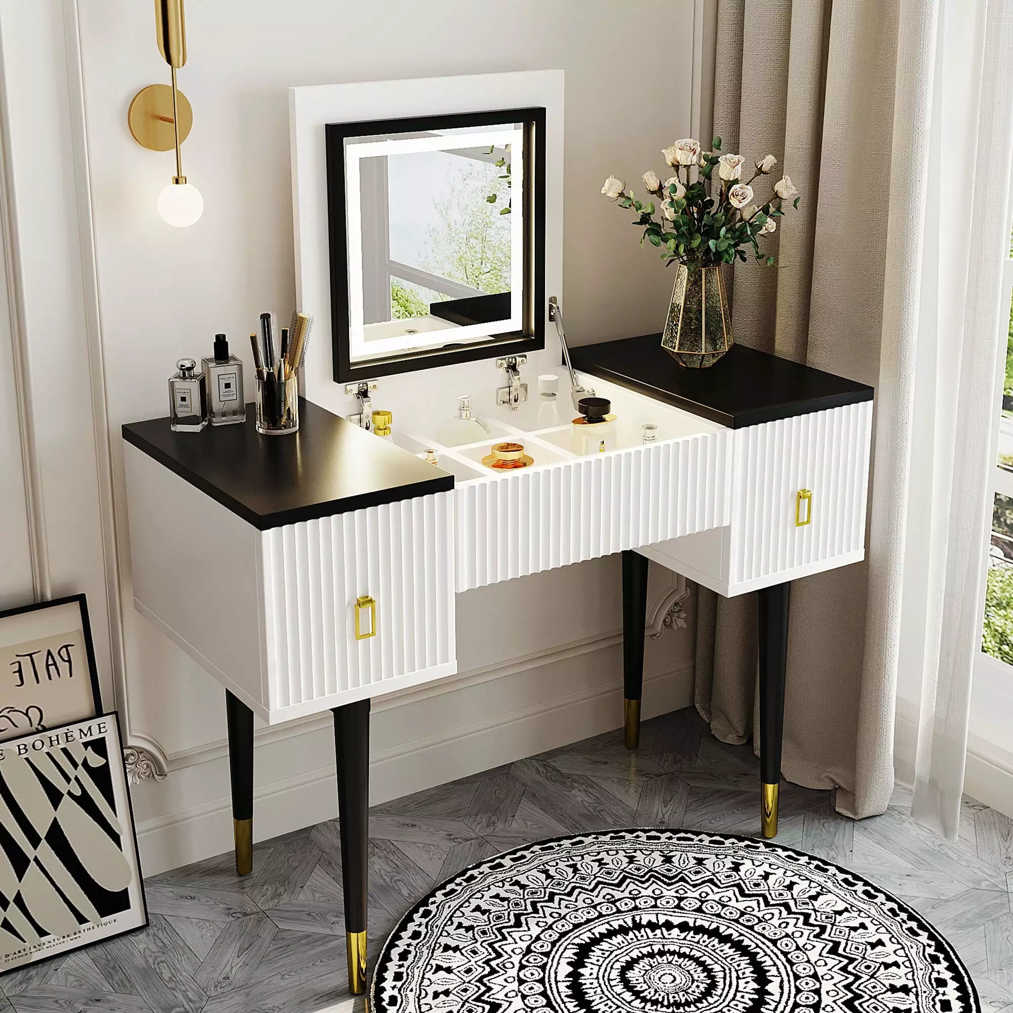 Euroco Modern Vanity Set with Flip-top Mirror and LED Light. Dressing Table with 2 Drawers. 43.3 Makeup Table. White and Black