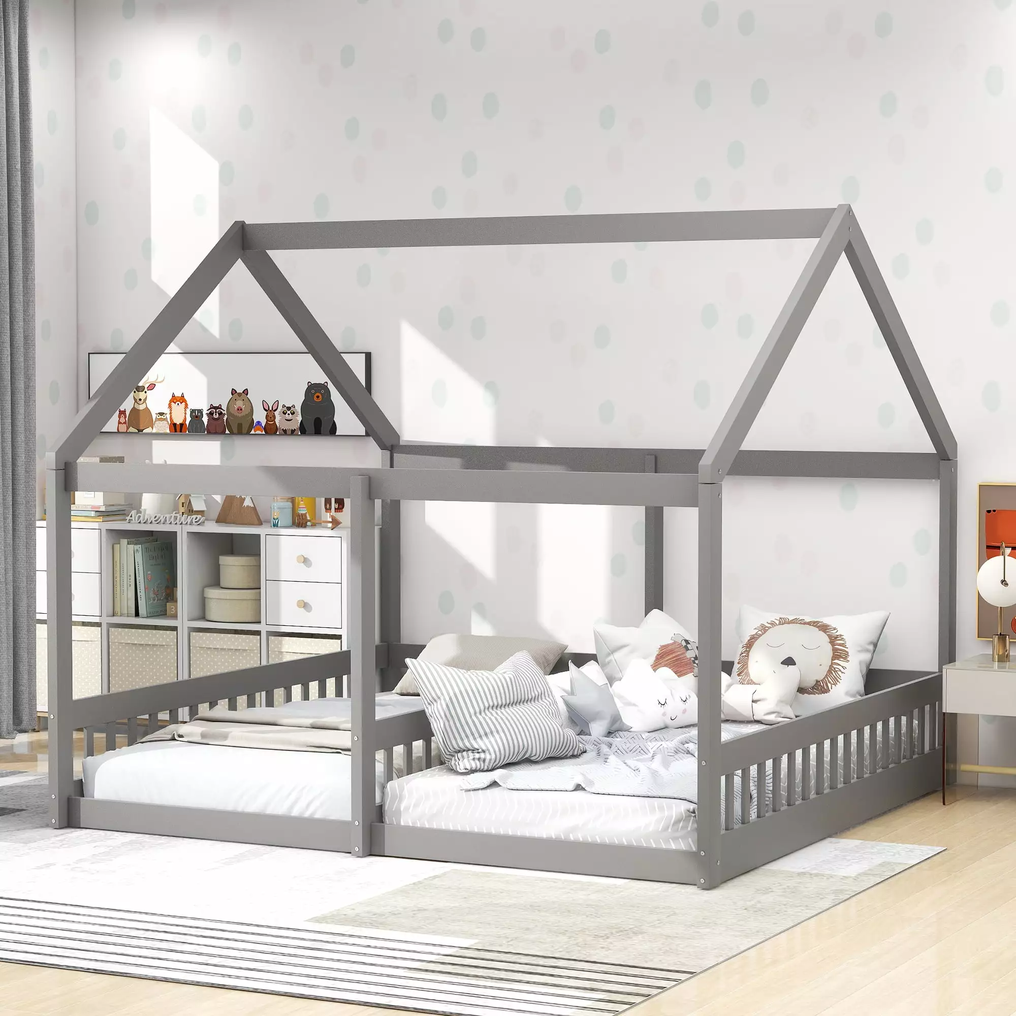 Euroco Modern Wood Two Beds in One Canopy Platform Bed. 2-in-1 Twin Size Bed for Bedroom. Gray