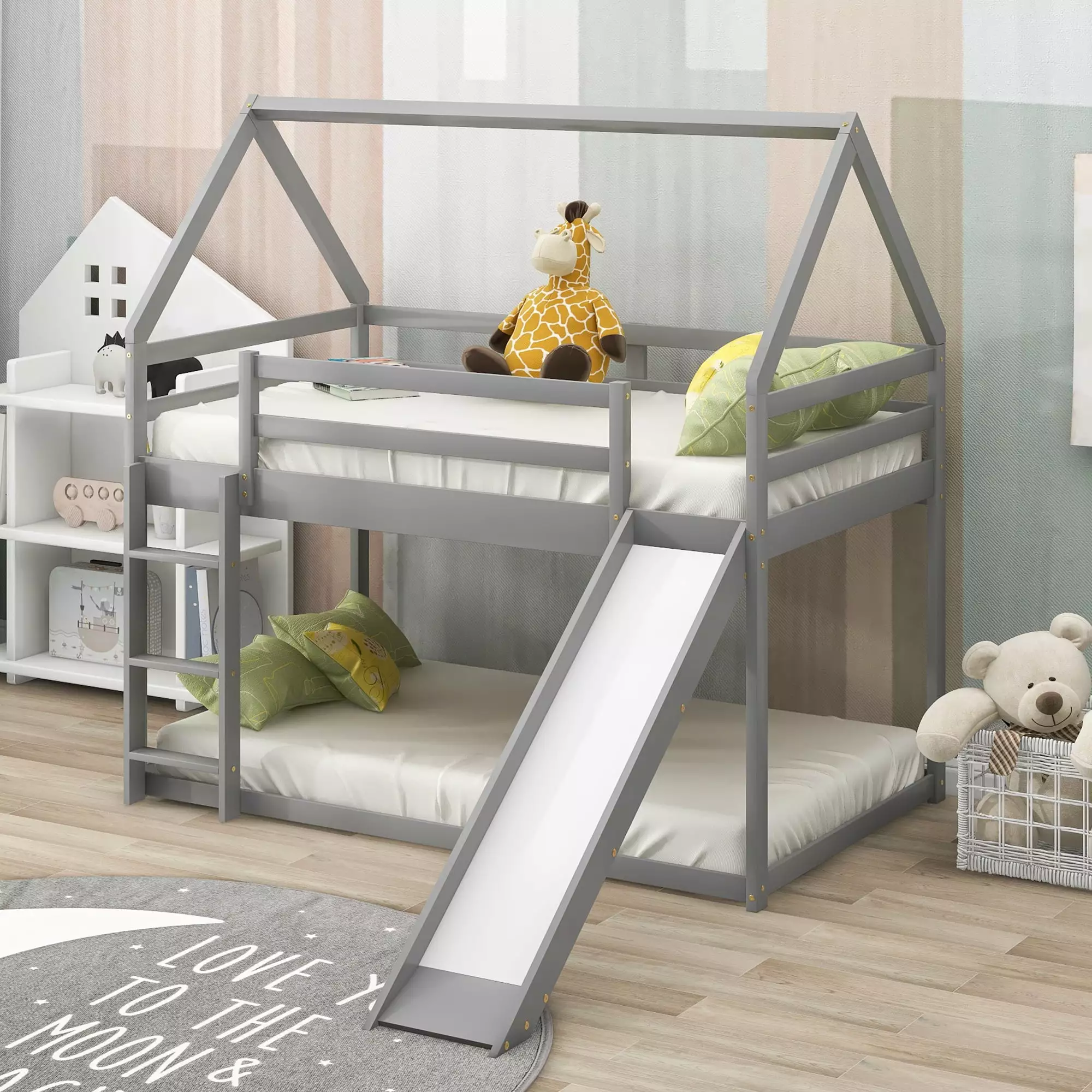 Euroco Pine Wood Bunk Bed. Twin-over-Twin Size with Slide for Bedroom. Gray