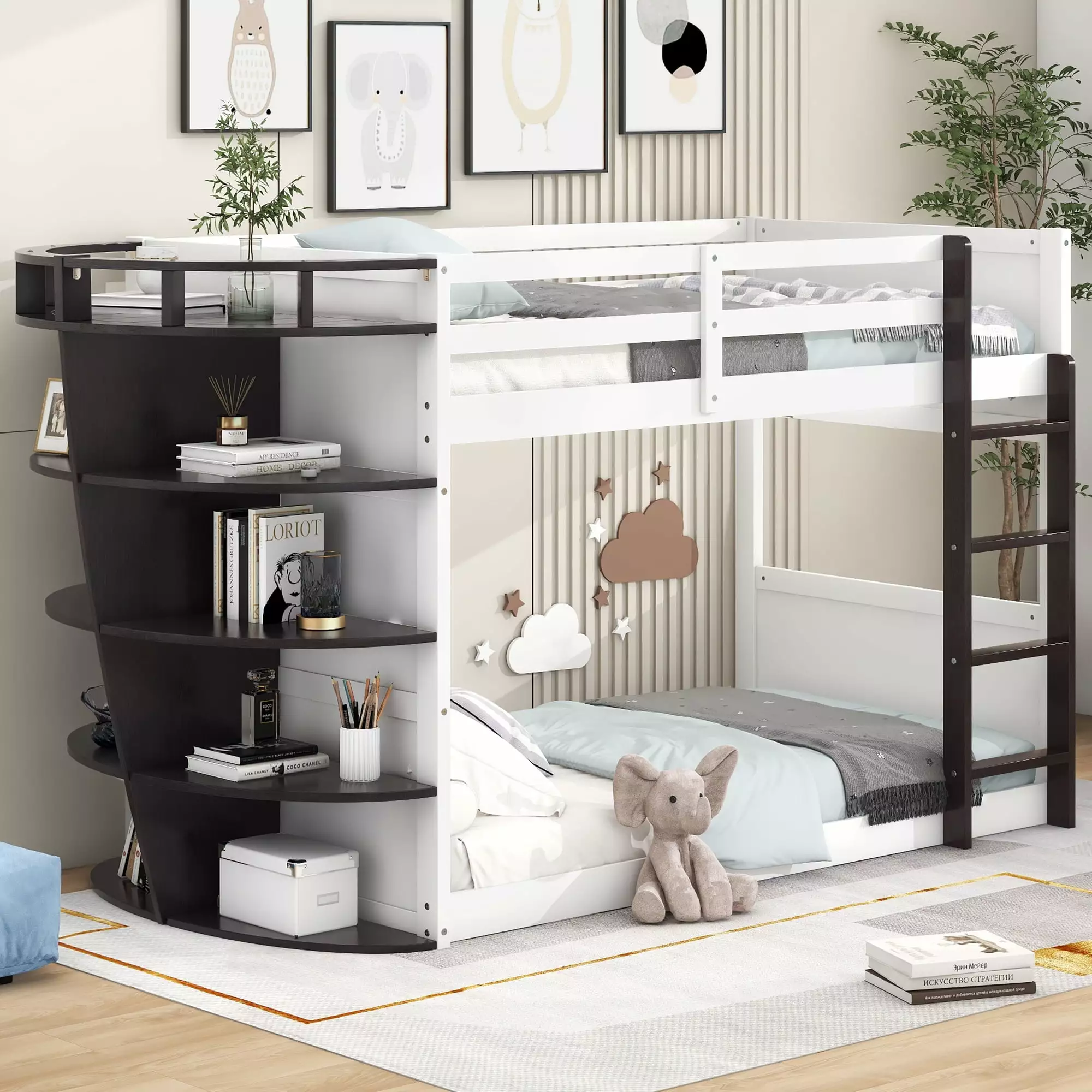 Euroco Pine Wood Bunk Bed with Storage Shelf. Twin-over-Twin Bunk Bed with Safety Rail and Ladder for Kids. Sapce-Saving Design. Espresso