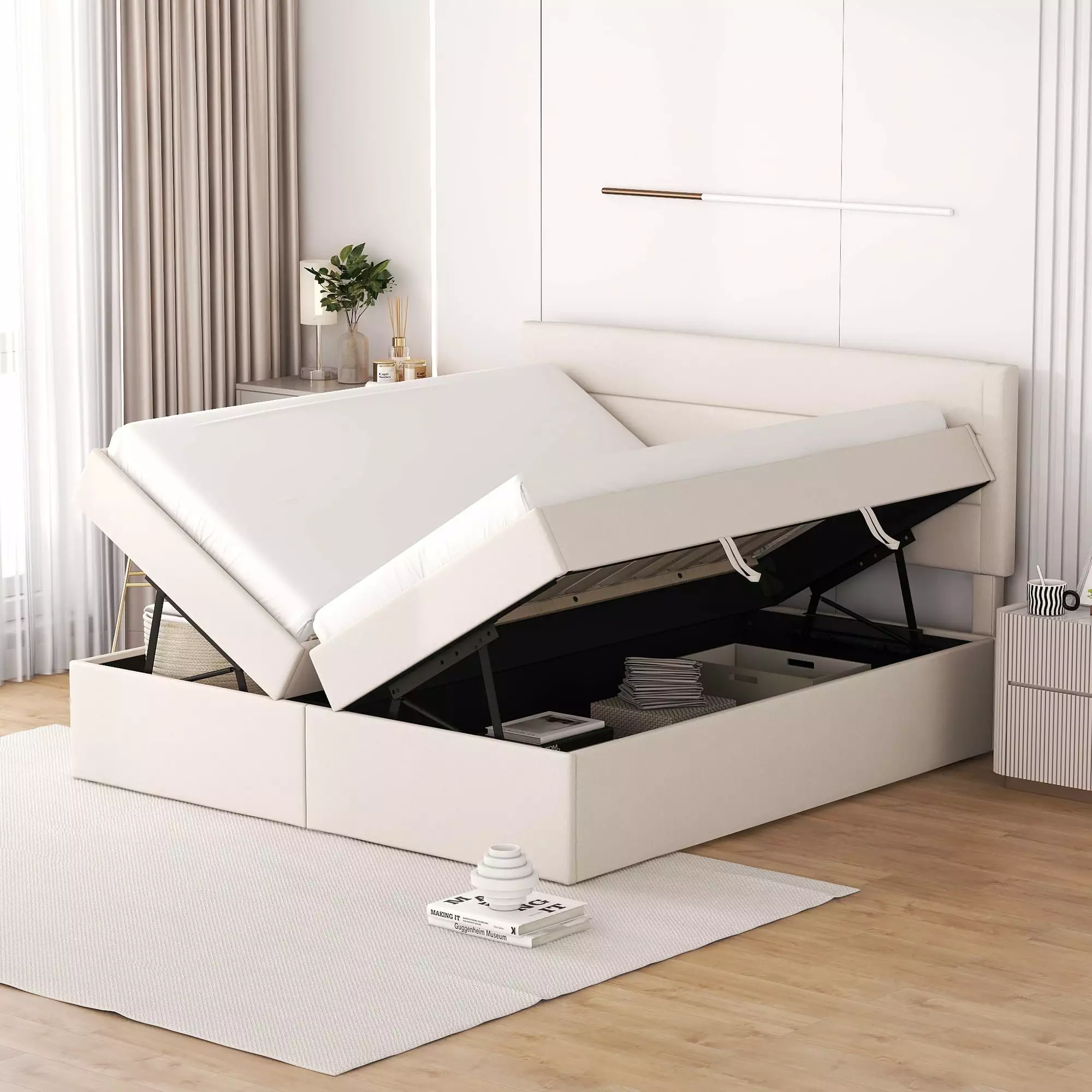 Euroco Queen Size Lift-up Upholstery Platform Bed with Storage Underneath for Kids Teens Adults. Easy Open and Close for Storage. Beige