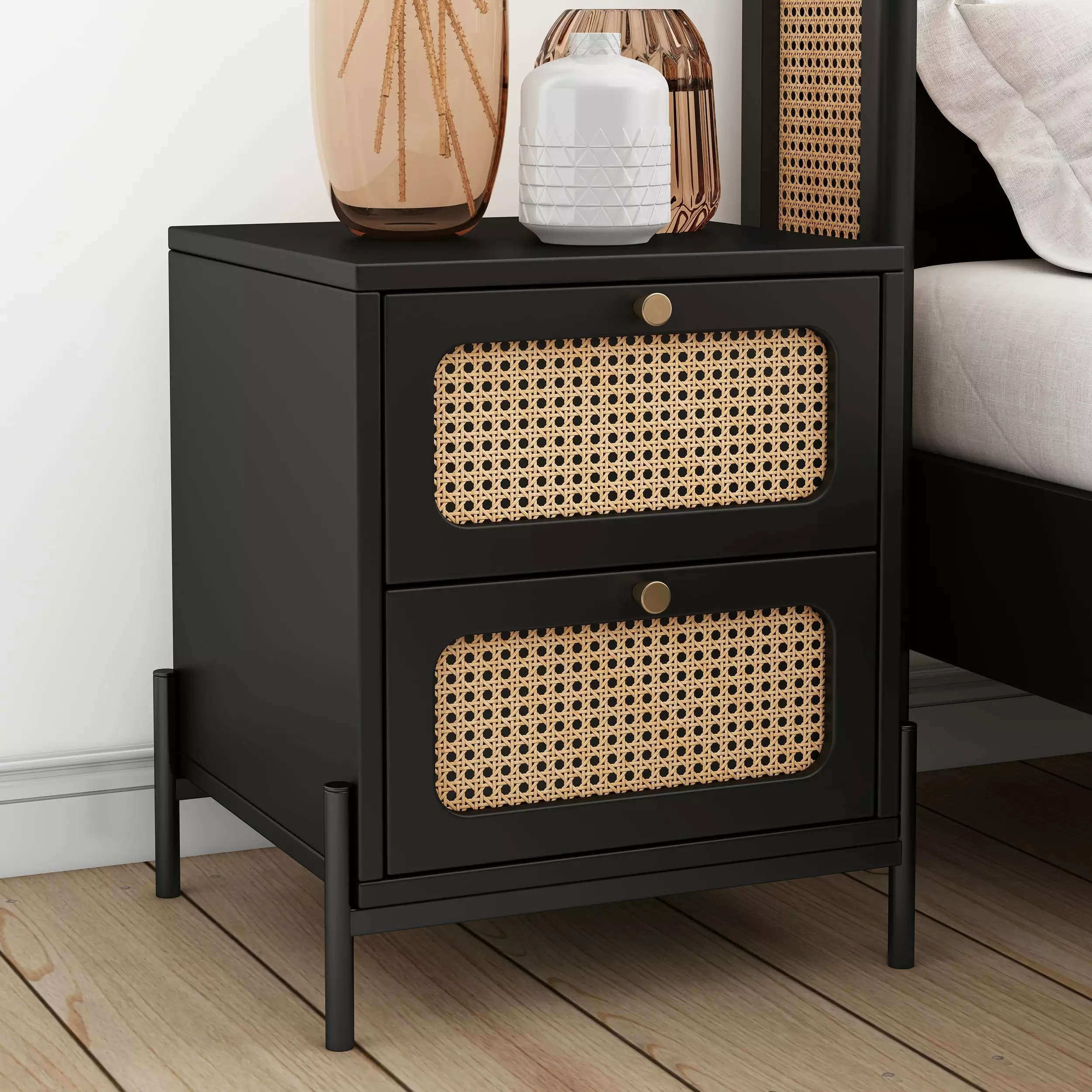 Euroco Rattan Wood Nightstand 2-Drawer Side Table for Bedroom. Living Room. Black