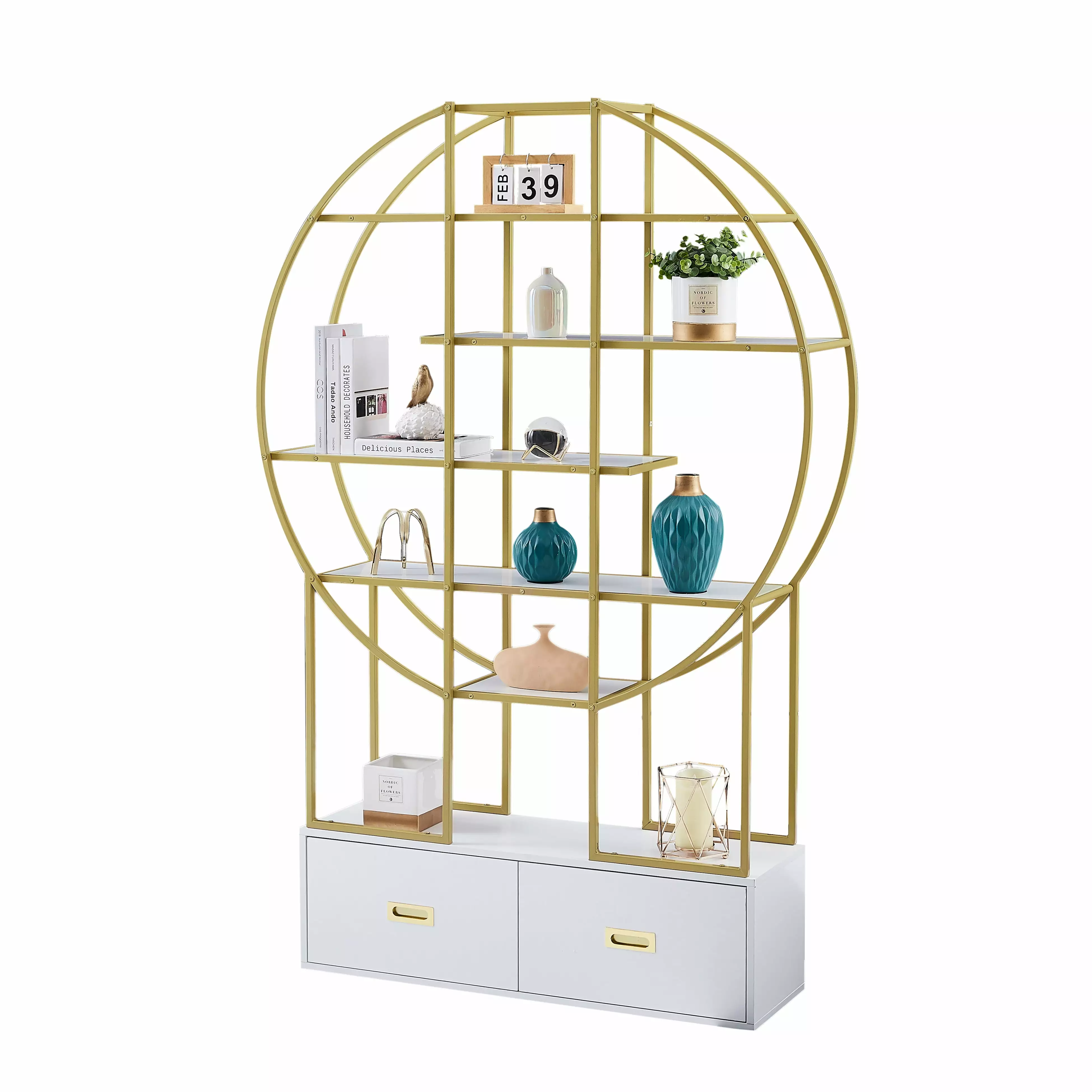 Euroco Round Bookshelf with Two Drawers. 70 inch Display Shelf Bookcase with Gold Frame