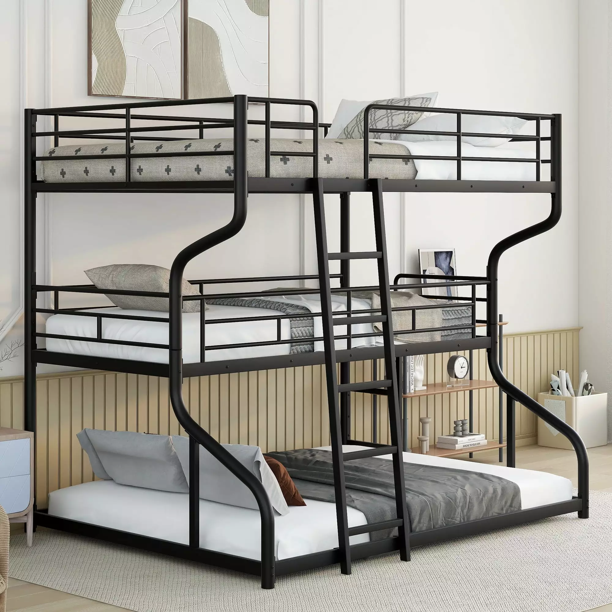 Euroco Solid Metal Bed. Full XL over Twin XL over Queen Size Triple Bunk Bed for Kids' Room. Three Beds for Both Kids and Adults. Black