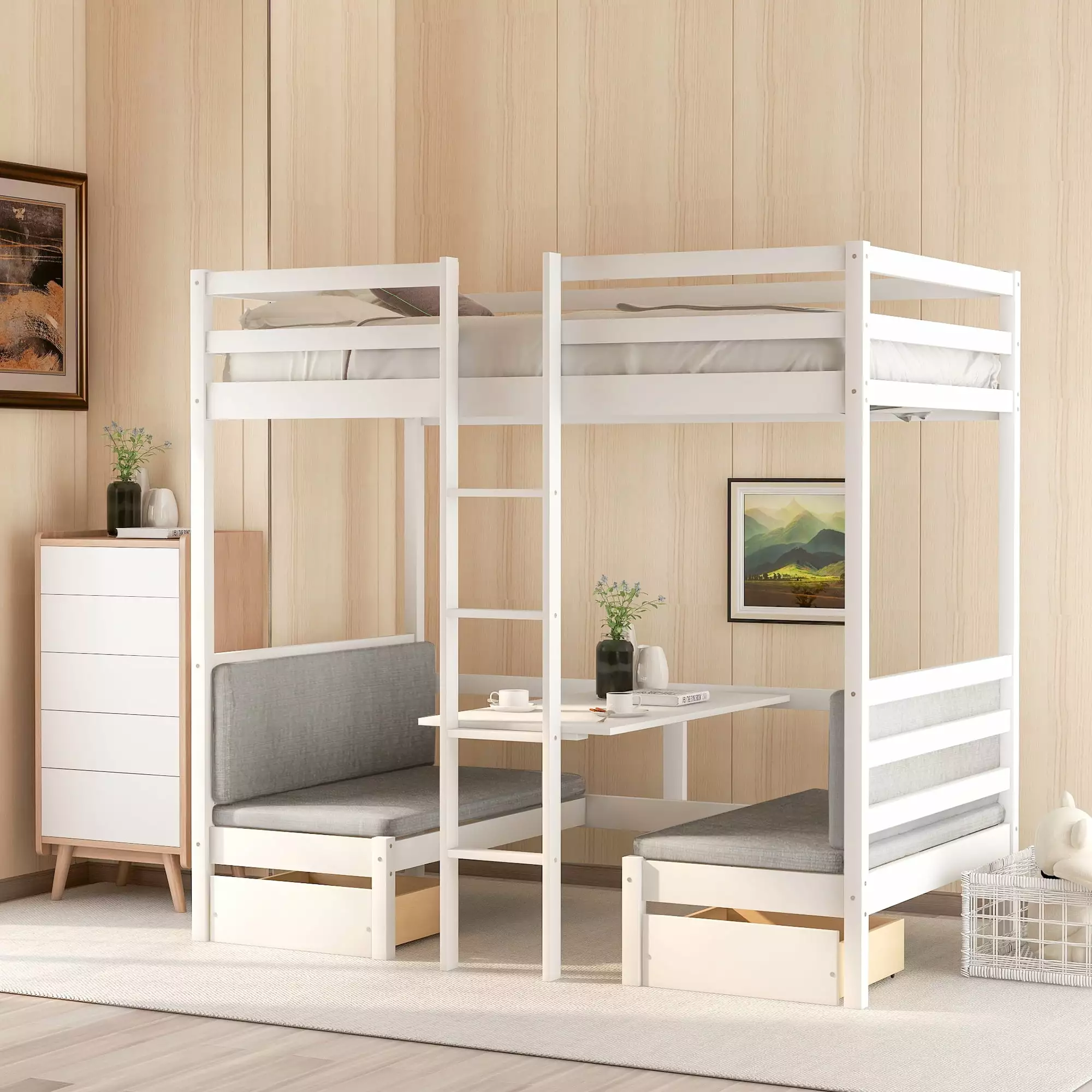 Euroco Solid Wood Convertible Twin over Twin Bunk Bed. Twin over Futon with Desk and Benches for Kids Room and Living Room. Cushion Sets Included. White