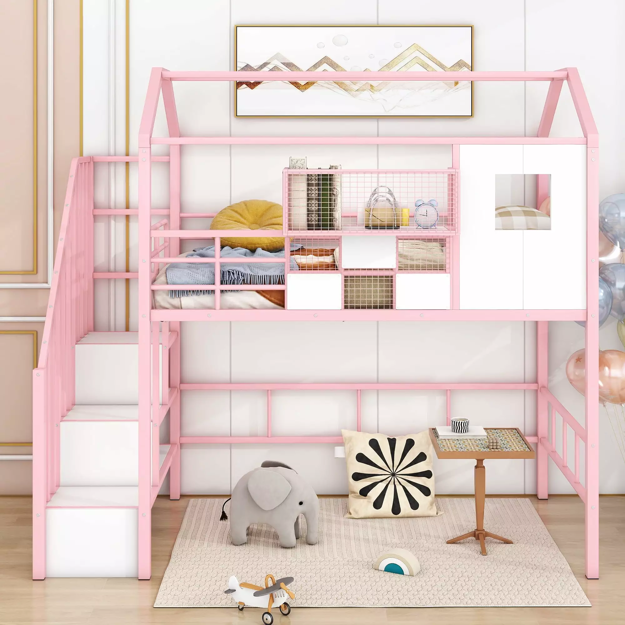 Euroco Twin Loft Bed with Cabinet. Solid Metal House Bed for Kids. Pink