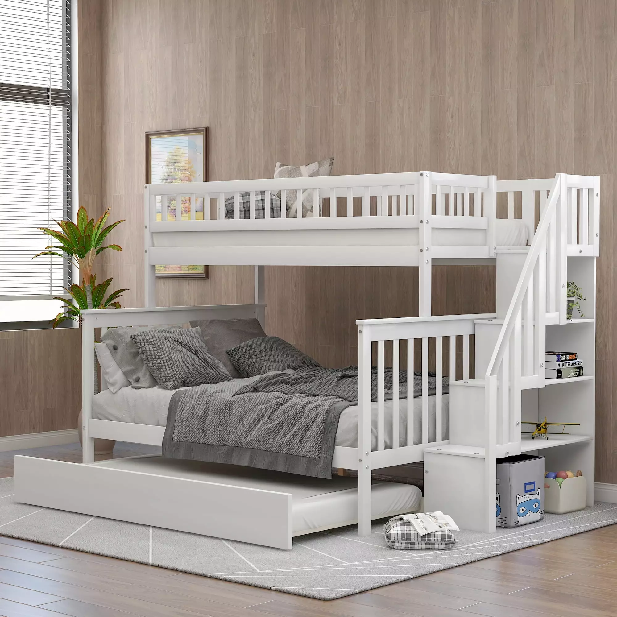 Euroco Twin Over Full Bunk Bed with Trundle and Stairs for Kids. White