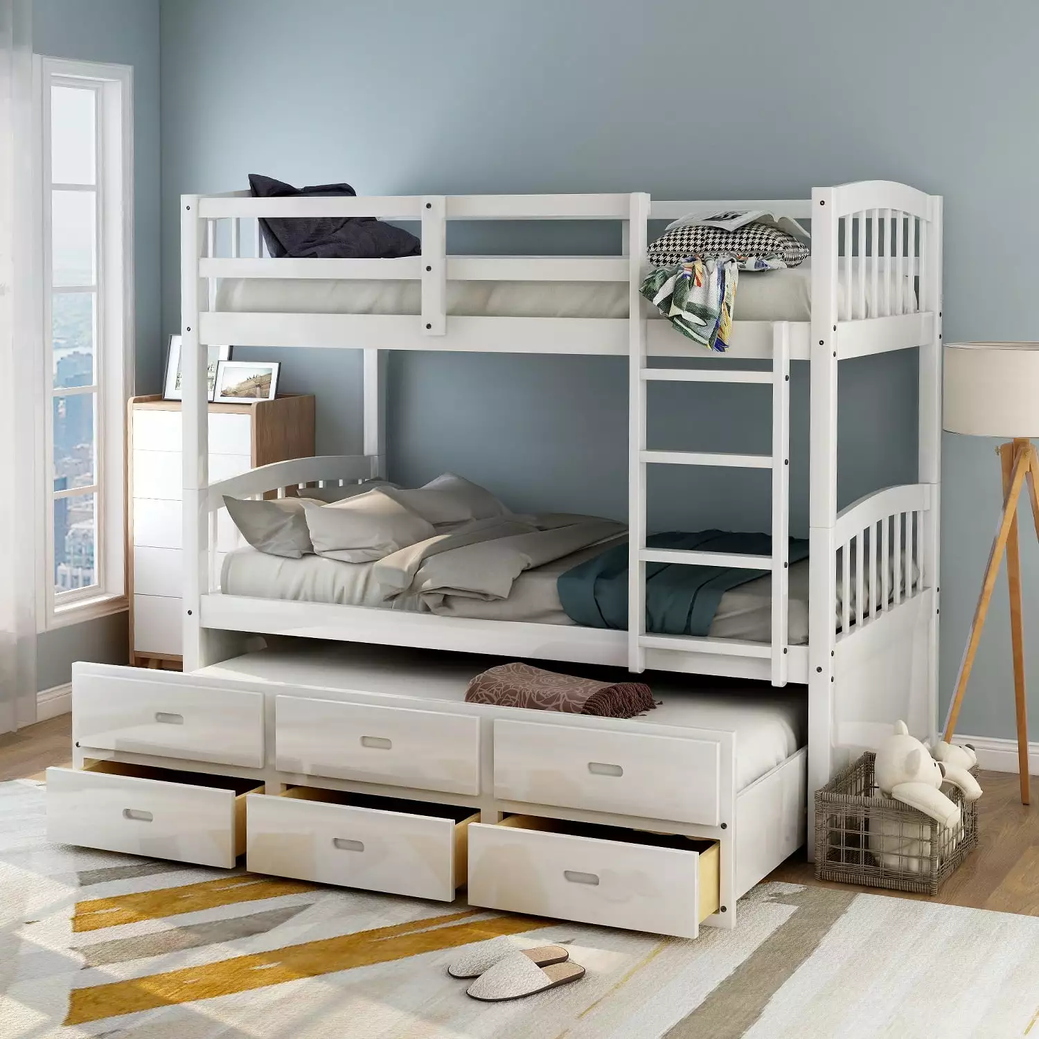 Euroco Twin Over Twin Wood Bunk Bed with Trundle and Drawers. White