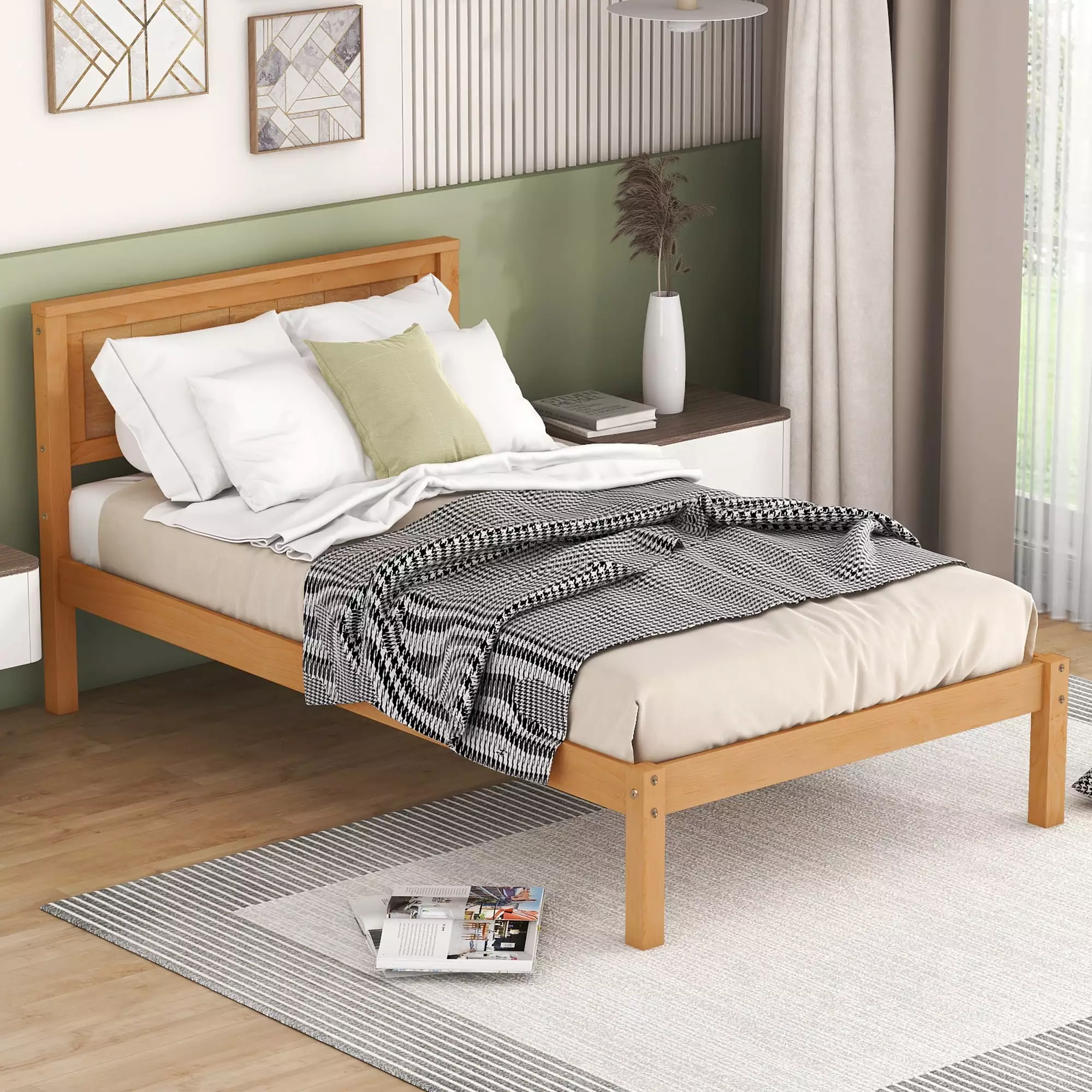 Euroco Twin Platform Bed. Modern Wood Frame Bed with Headboard and Slats for Kids Room. No Box Spring Needed. Oak