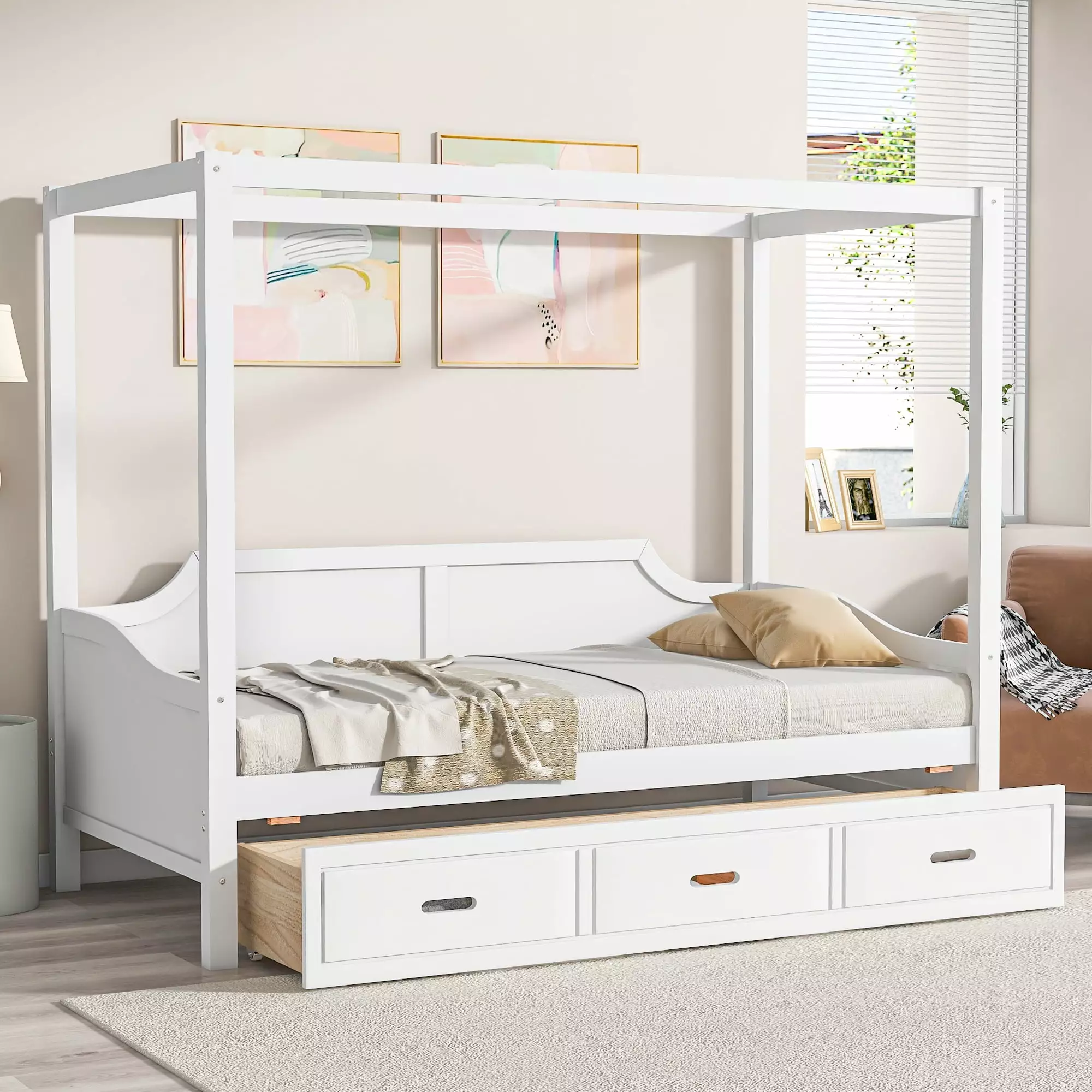 Euroco Twin Size Canopy Daybed with 3 in 1 Drawer and Slat Support Leg for Kids Bedroom. Solid House Bed. White