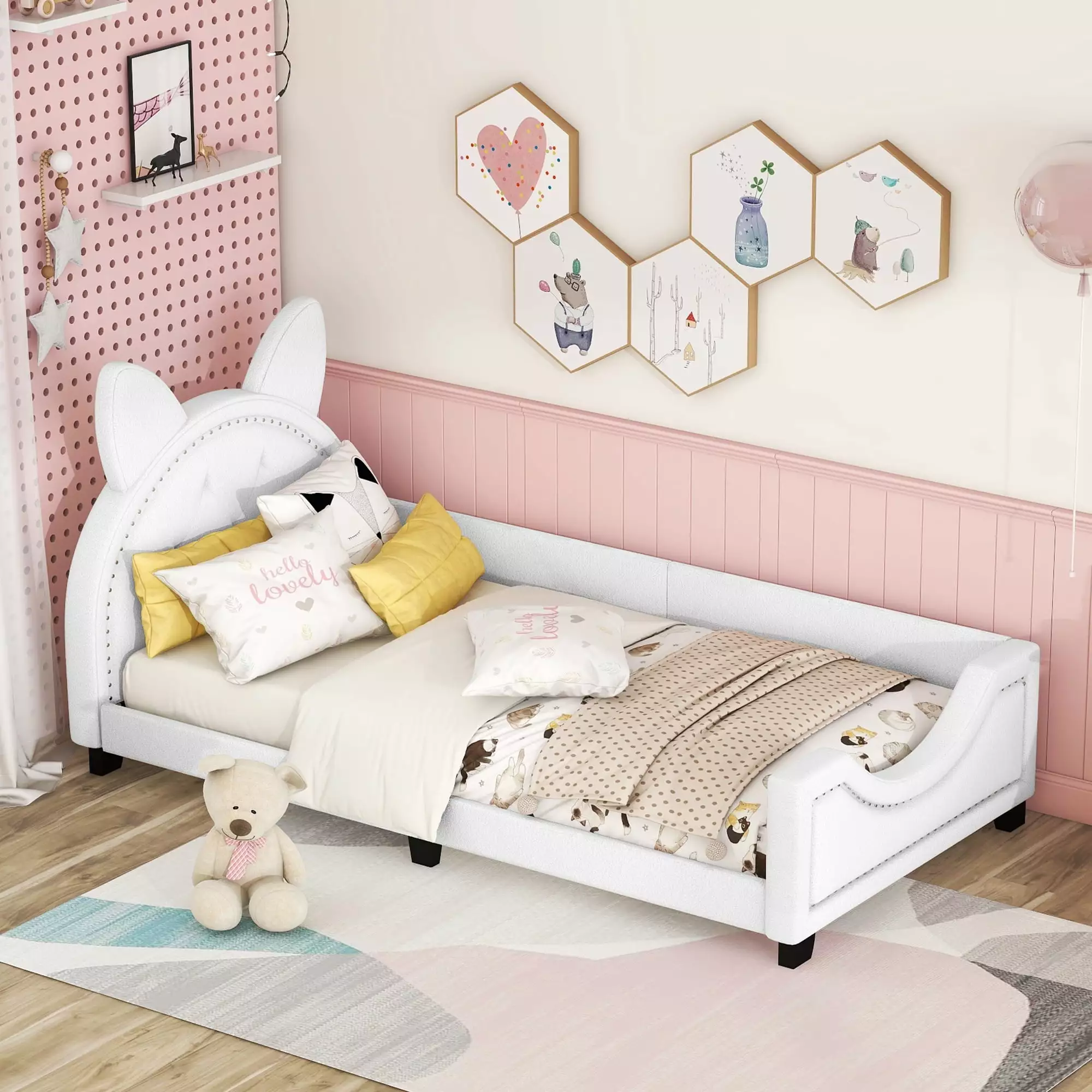 Euroco Twin Size Daybed. Upholstery Cartoon Cat Shaped Platform Bed Design for Kids Bedroom. No Box Spring Needed. White