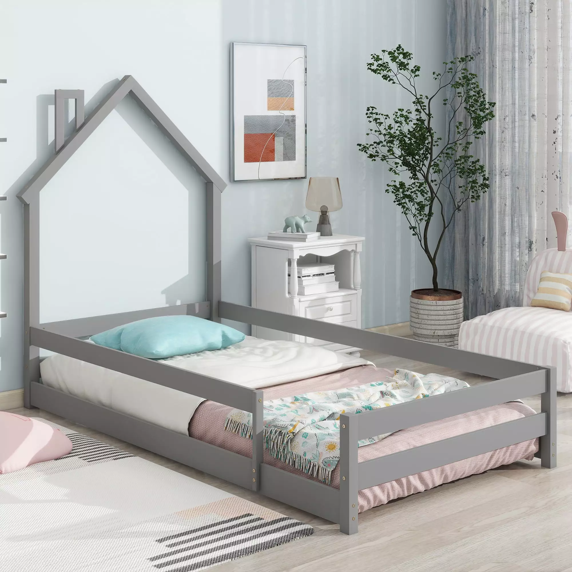 Euroco Twin Size House Bed for Kids. Low Profile Floor Bed with Chimney. Gray