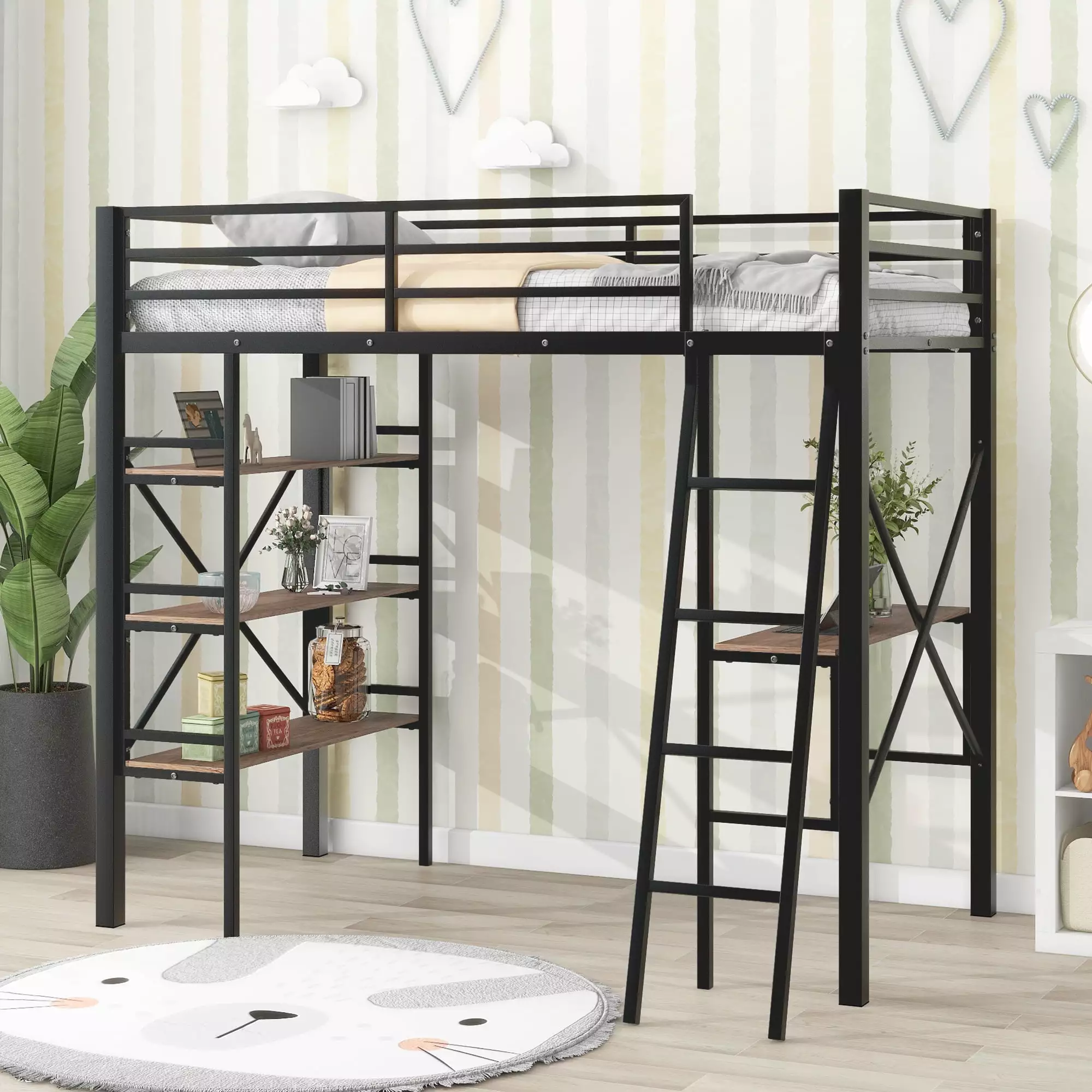 Euroco Twin Size Metal Loft Bed with 3-Tier Shelves and Built-in Desk for Kids Bedroom. Black