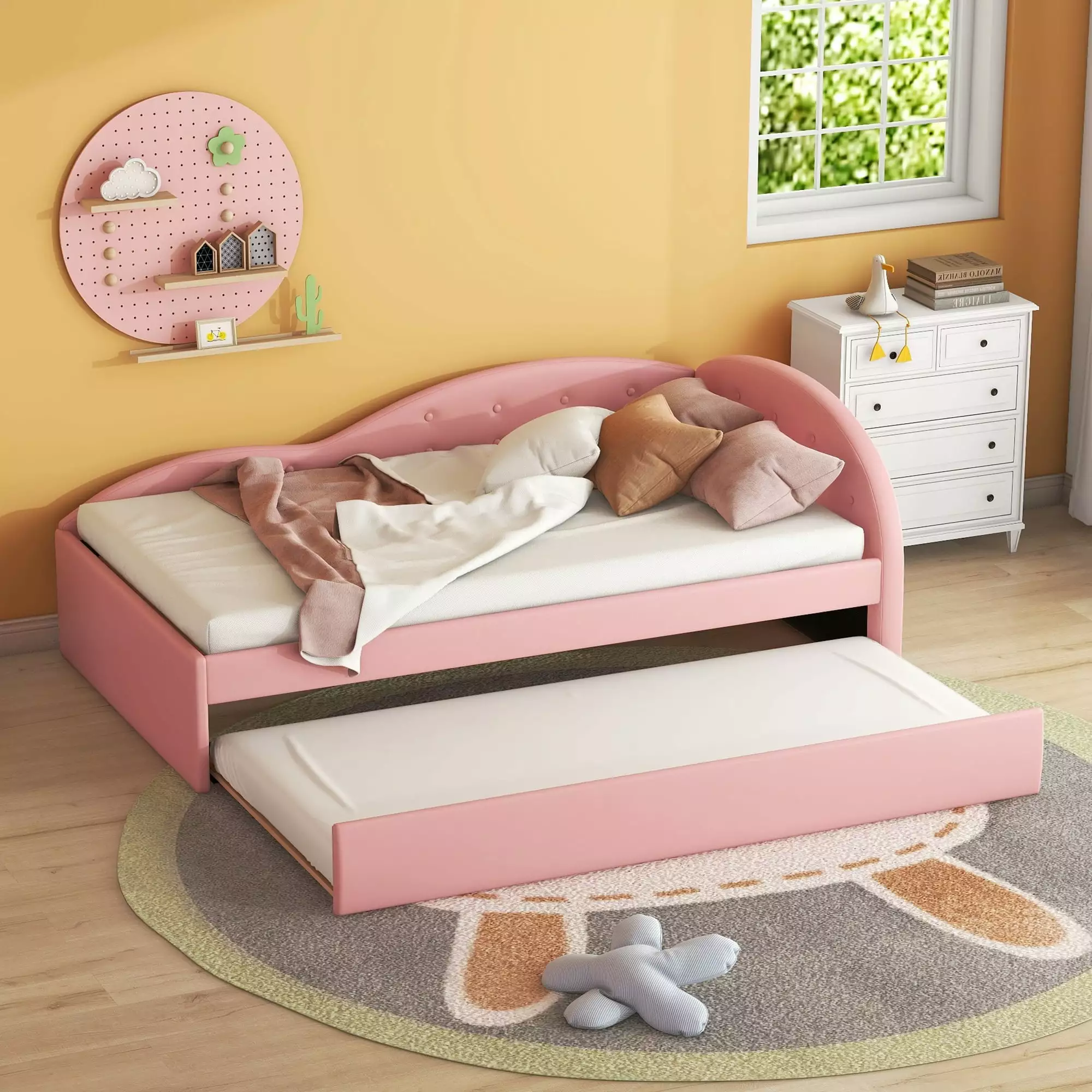 Euroco Twin Size PU Upholstery Daybed. Tufted Sofa Bed with Trundle for Kids Room. Pink