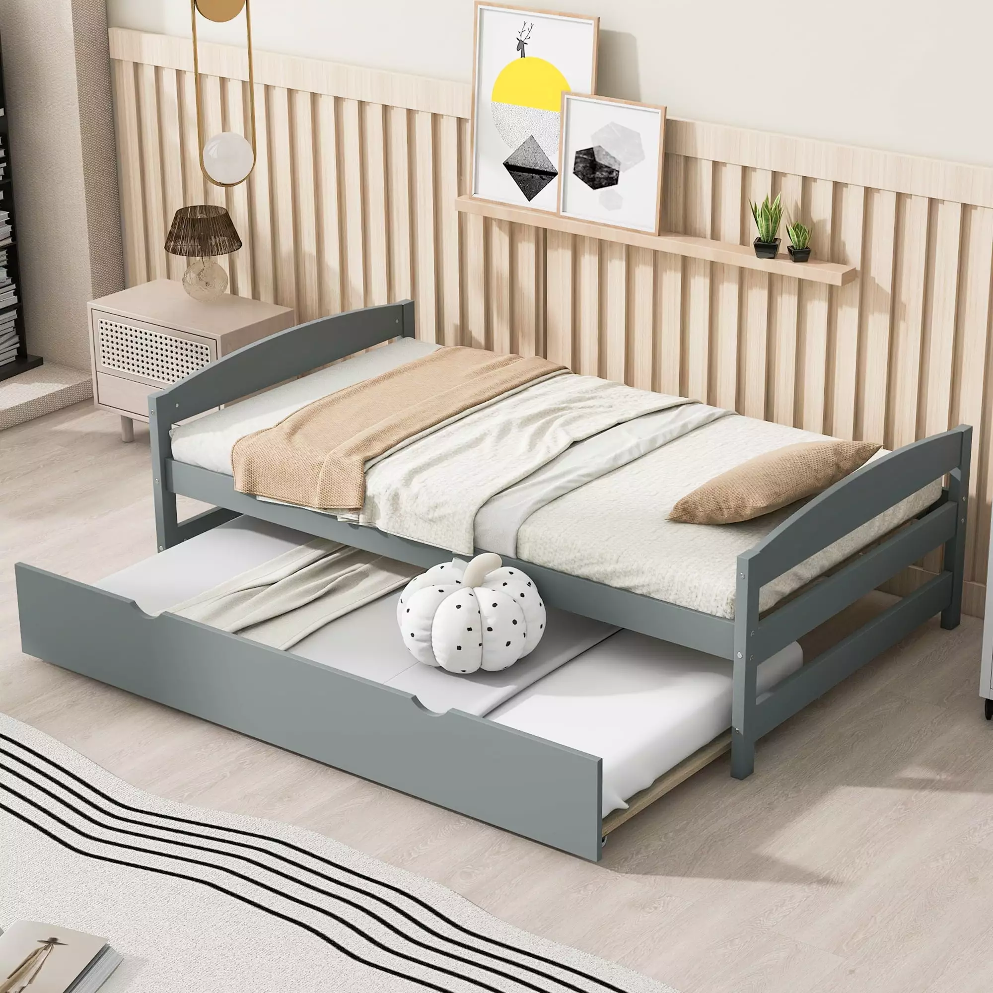 EUROCO Twin Size Platform Bed Frame with Trundle. Low Profile Easy Assembly DayBed. Gray