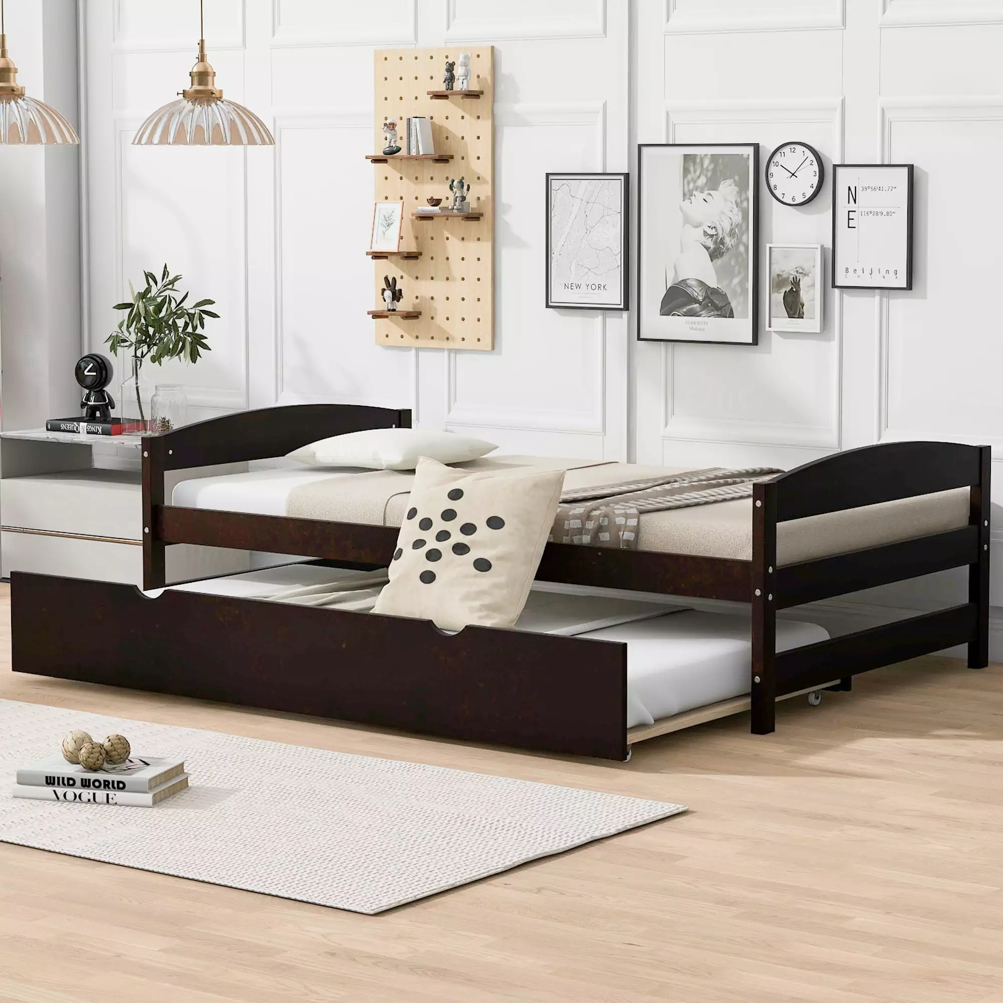 Euroco Twin Size Platform Bed with Trundle. Low Profile Easy Assembly Wood Daybed. Espresso