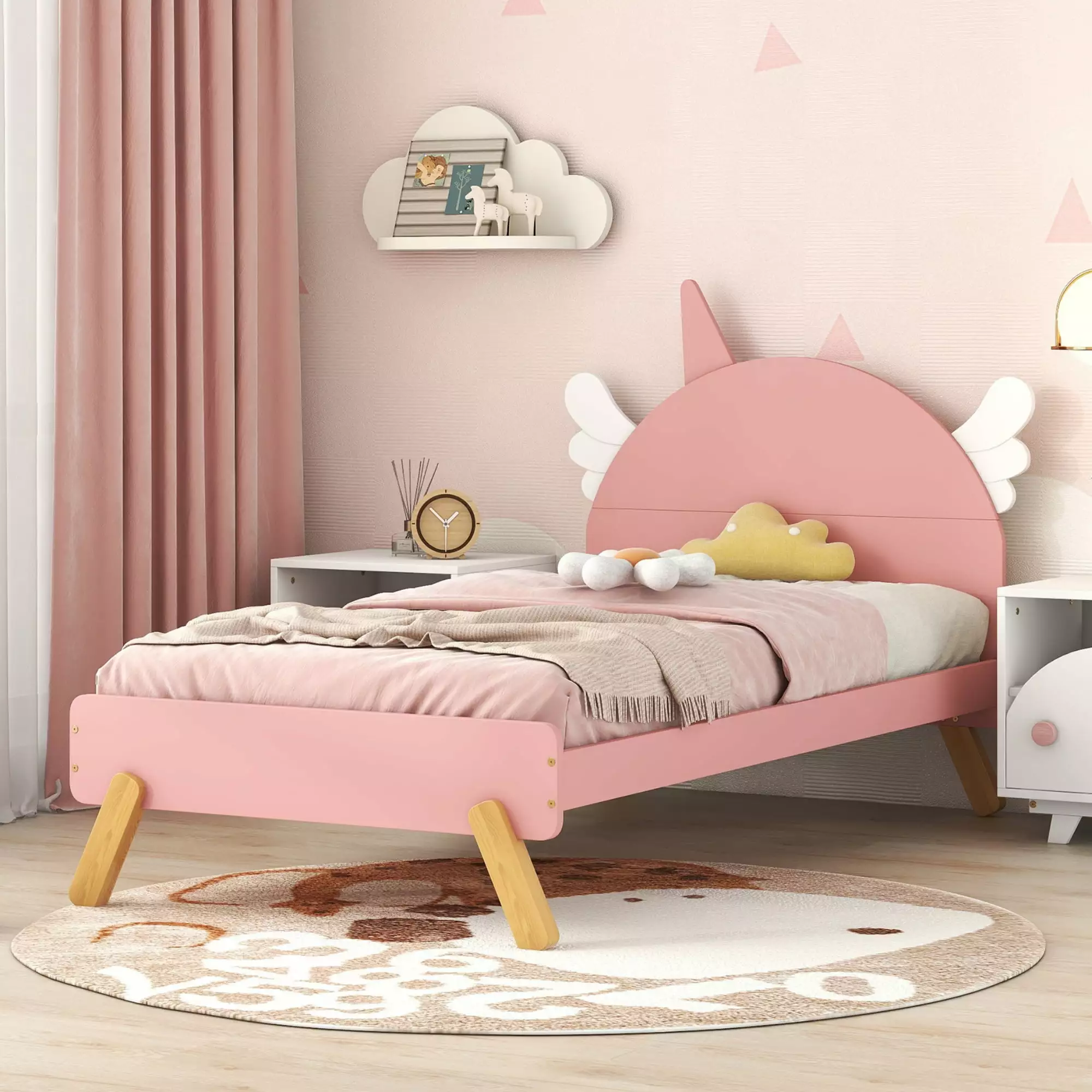 Euroco Twin Size Simple Cute Unicorn Platform Bed with Hidden Shelf for Kids. Pink