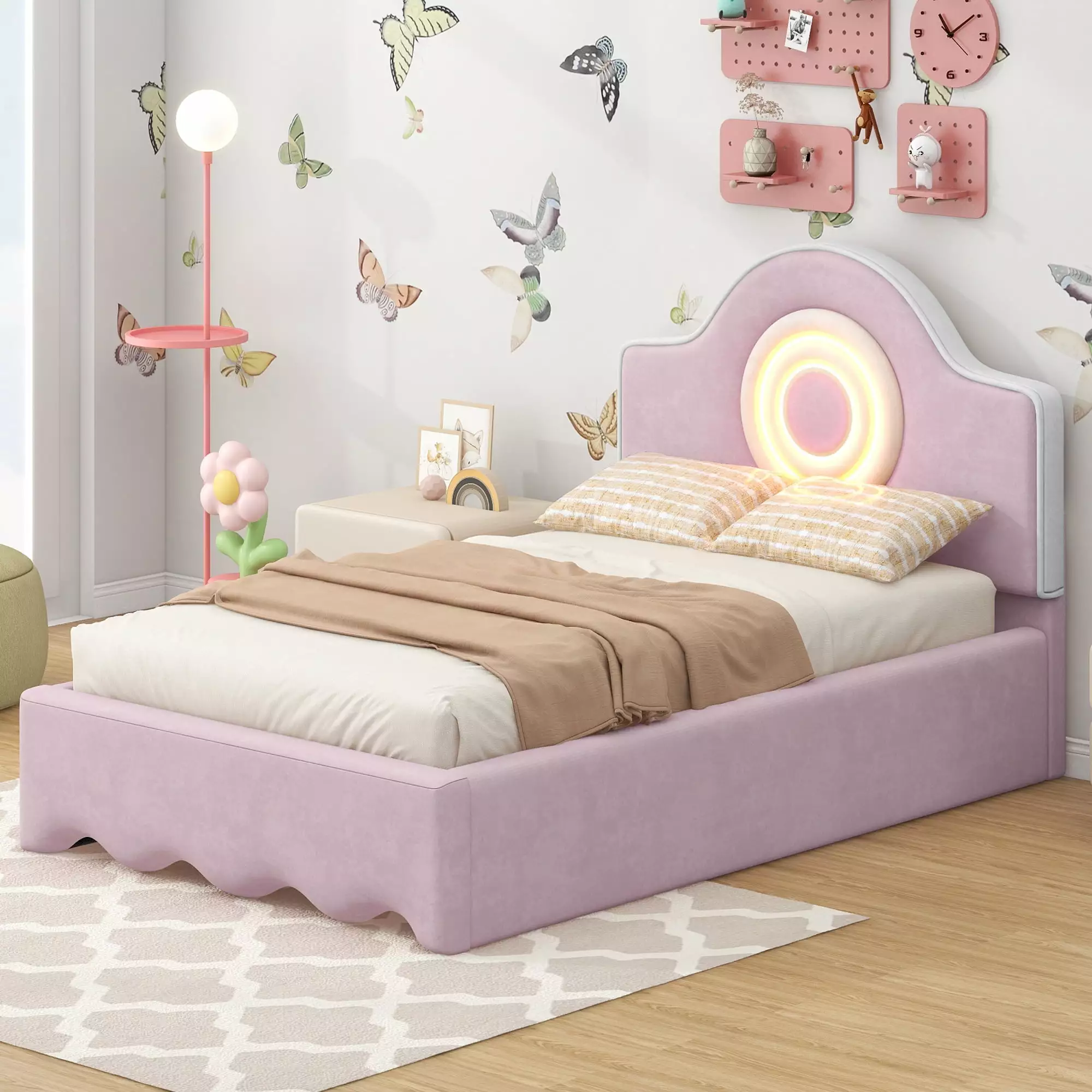 Euroco Twin Size Upholstered Platform Bed with LED Light Headboard for Child. Pink