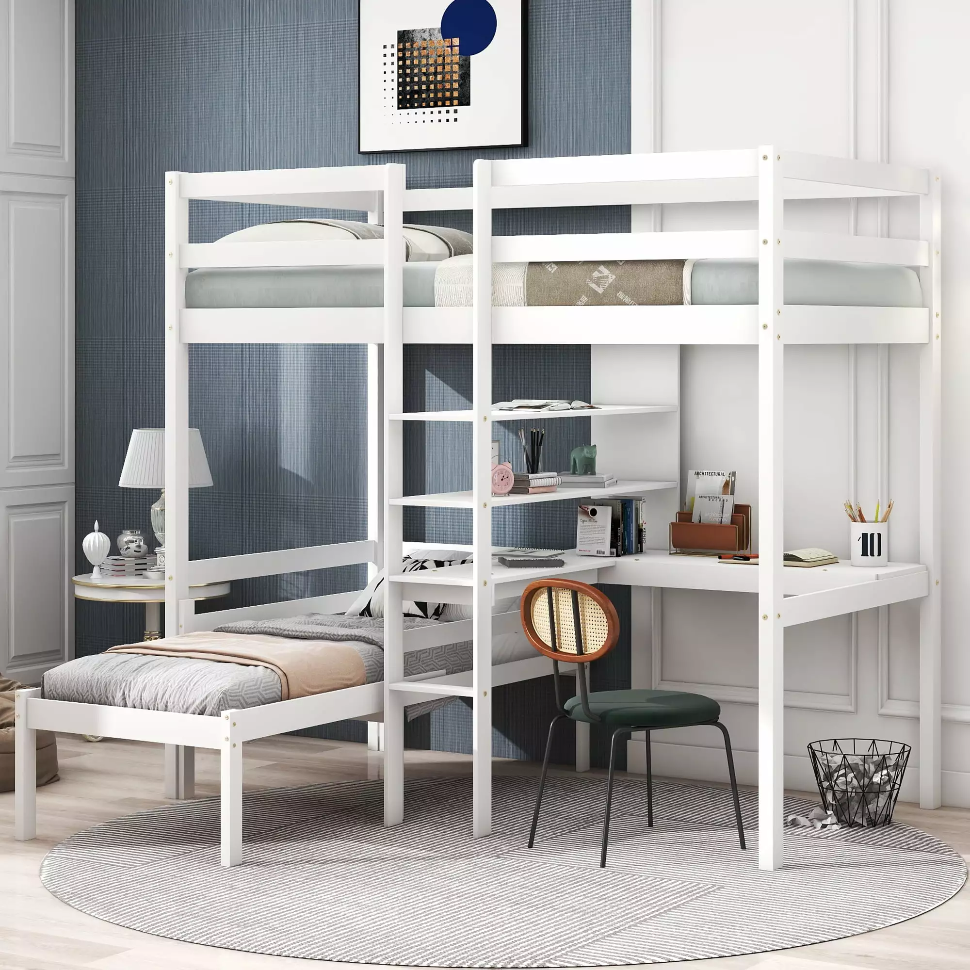 Euroco Twin Size Wood Bunk Bed with Shelves & Desk for Kids Bedroom. White