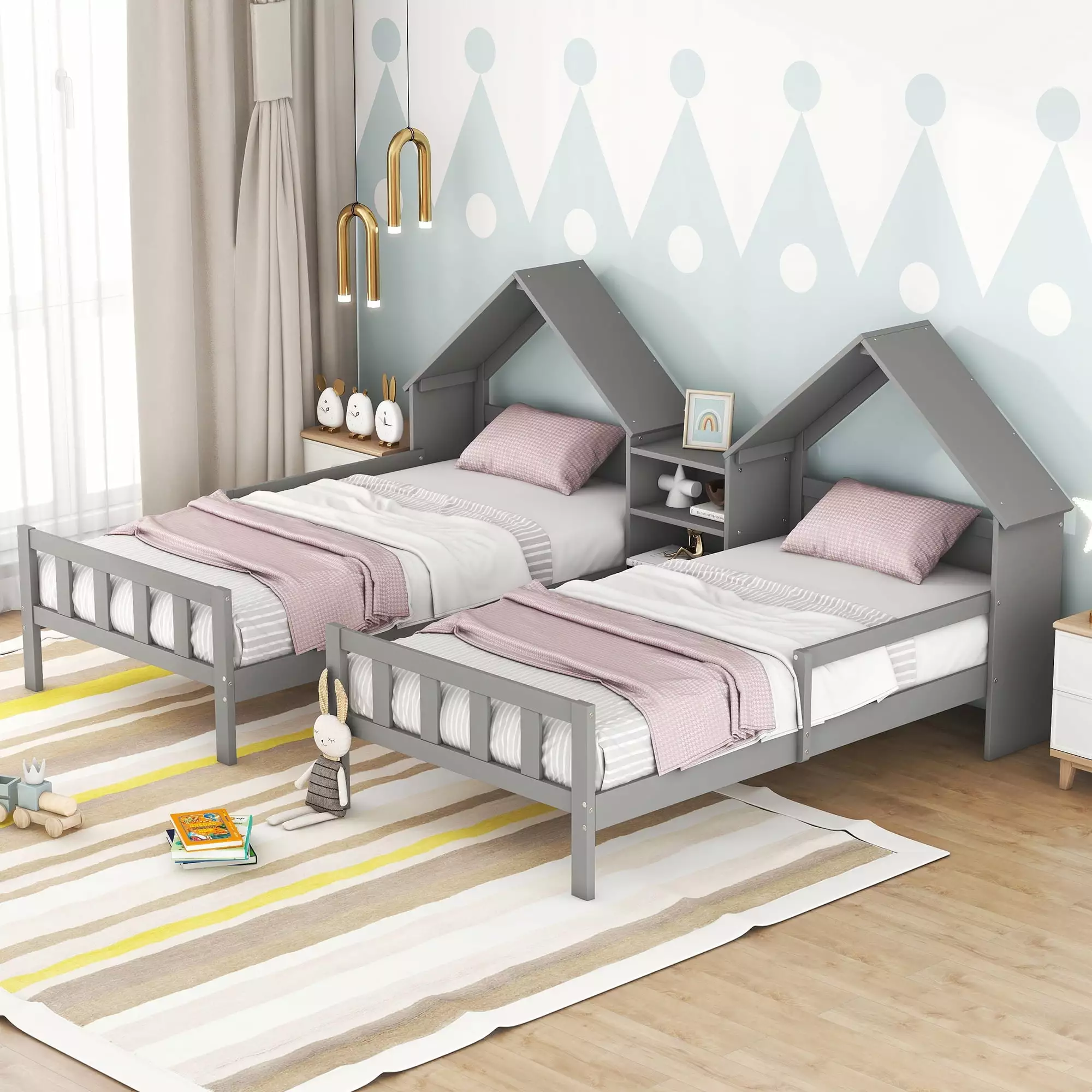 Euroco Twin Size Wood House Platform Bed. Two Beds in One with Desk and Shelf. 2 Platform Beds for More Kids. Gray