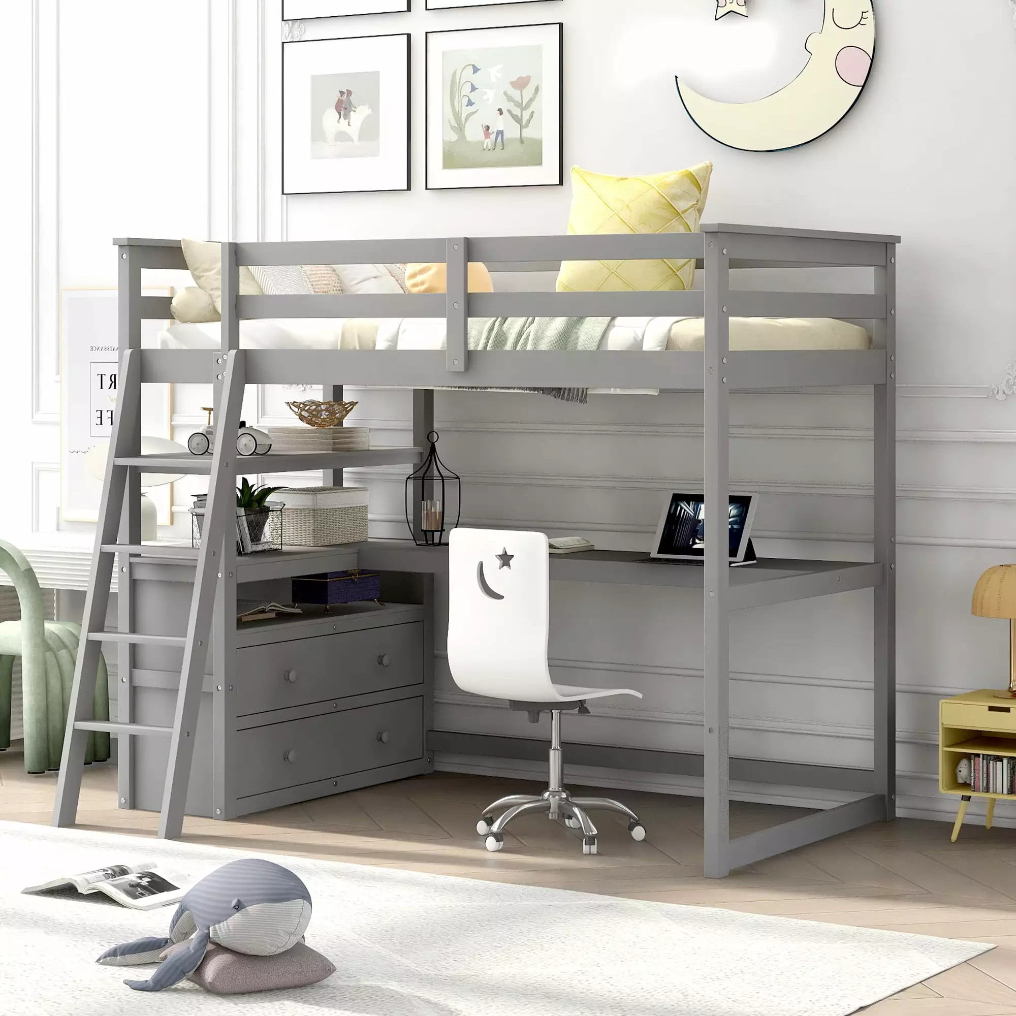 Euroco Twin Size Wood Loft Bed with Desk. Shelves and Cabinets for Kids Room. Incline Ladder and 3 Drawers. Gray