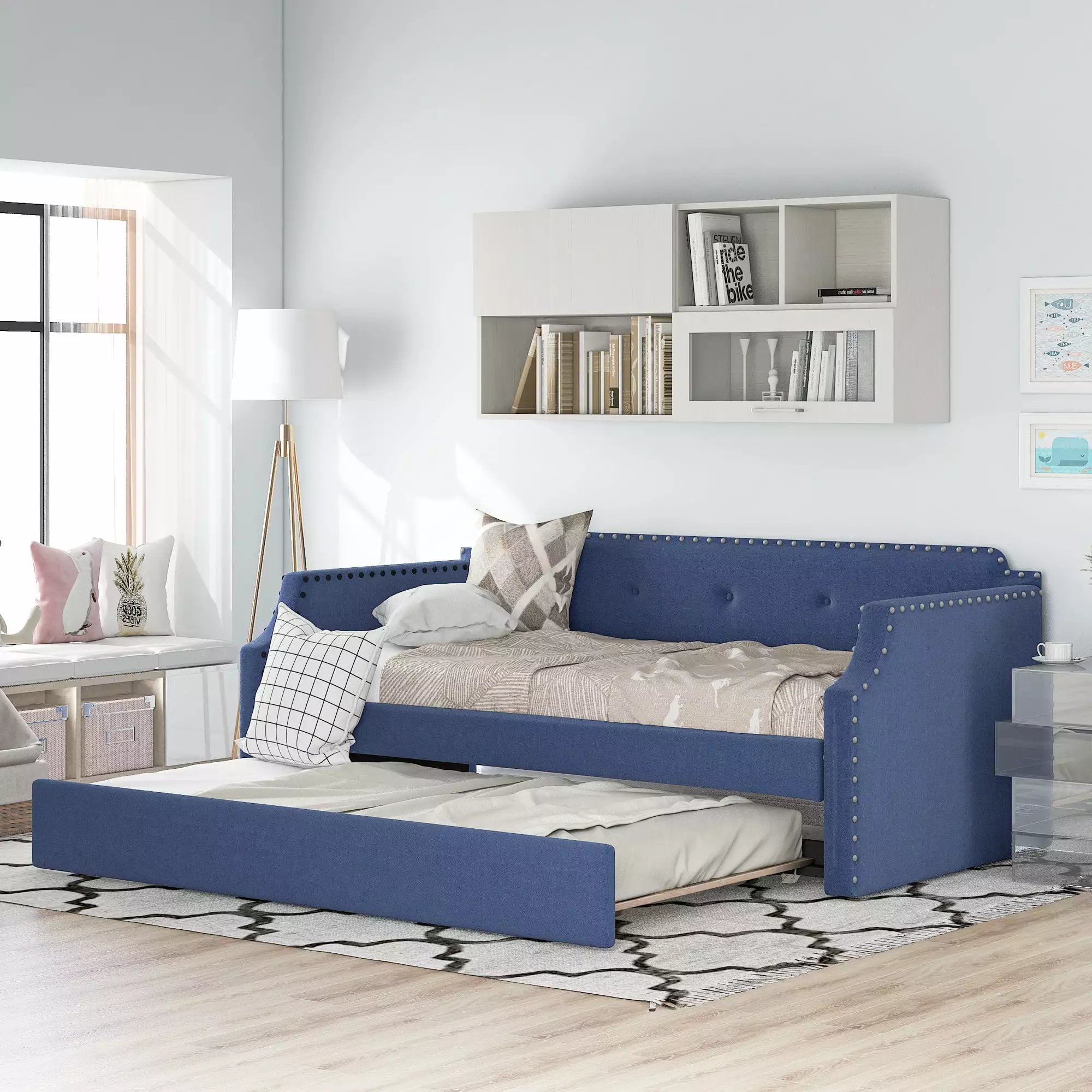 Euroco Twin Upholstered Daybed Linen Tufted Sofa Bed with Trundle. Solid Wood Frame for Bedroom. Blue