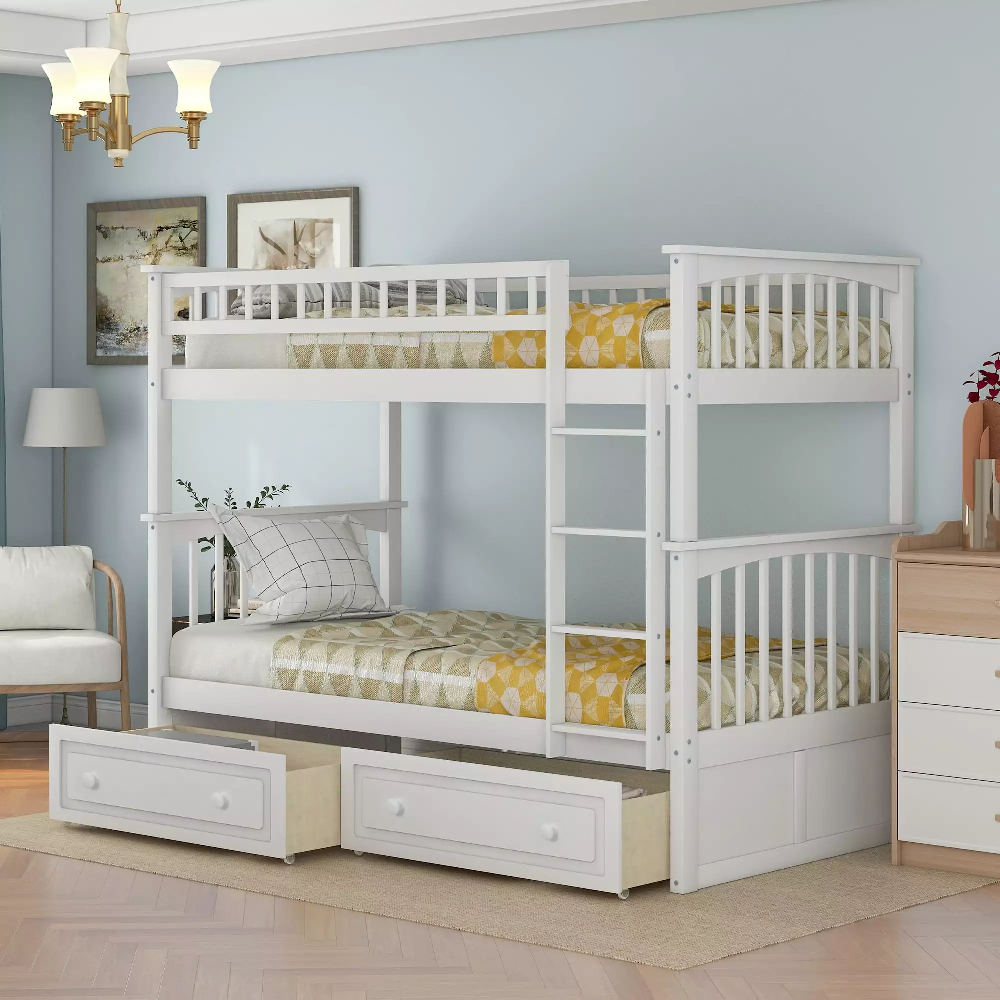 Euroco Twin Wood Bunk Bed with Drawers for kids Bedroom. White