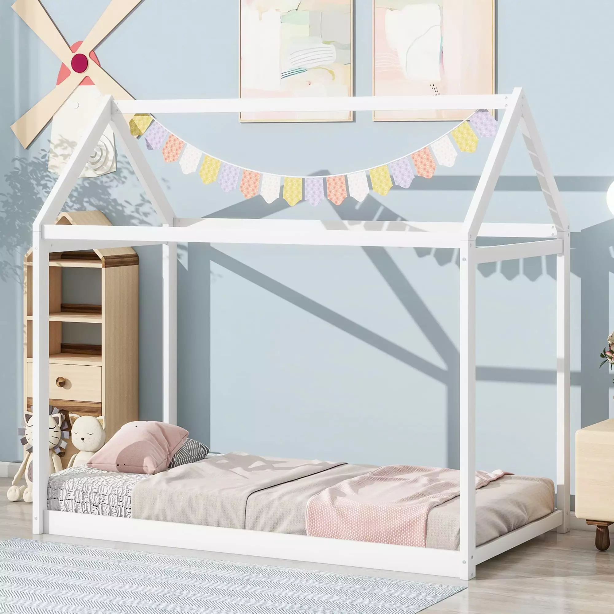 Euroco Twin Wood House Bed Frame with Roof for Kids. White