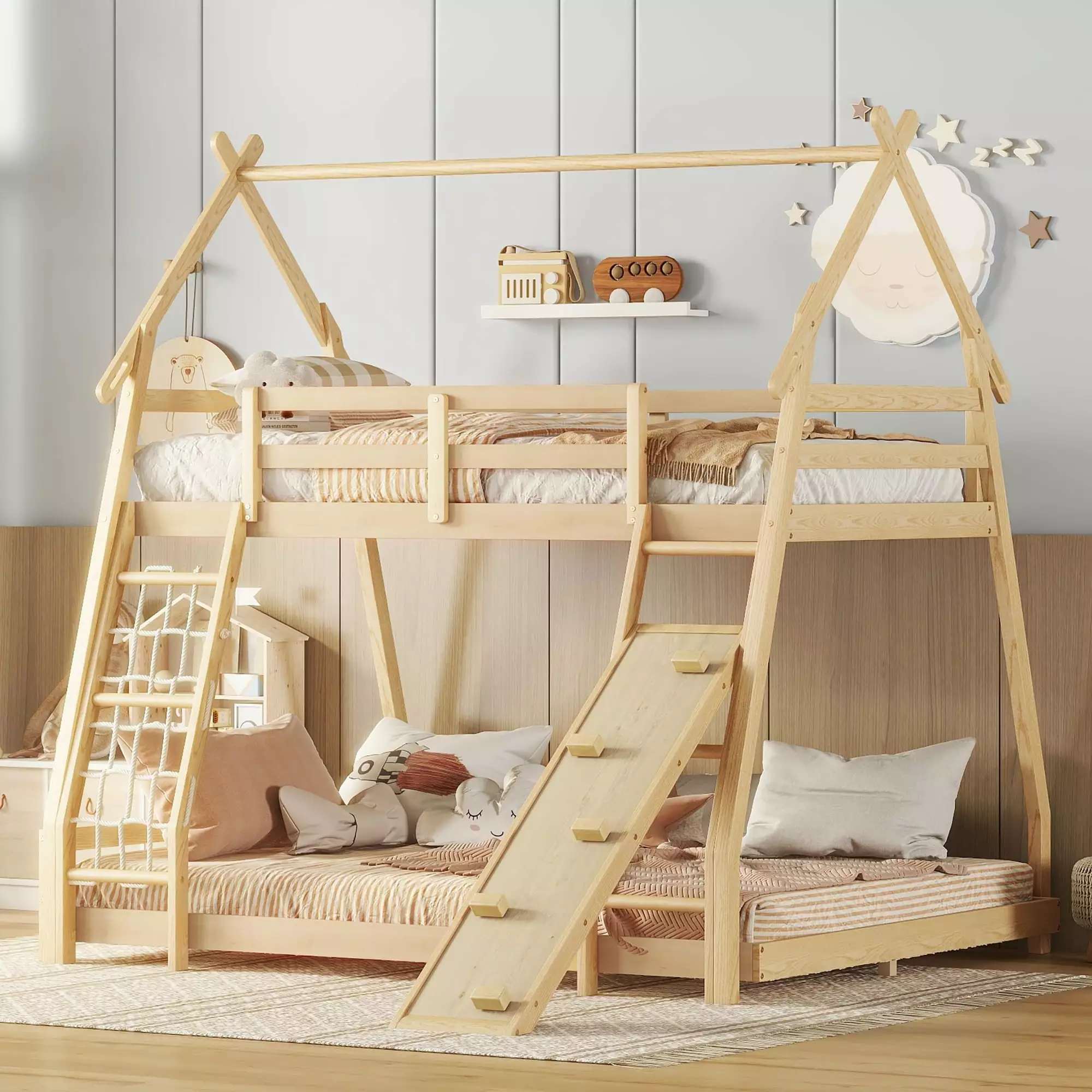 Euroco Twin over Queen Bunk Bed with Climbing Nets and Ramp for Kids Bedroom. Natural