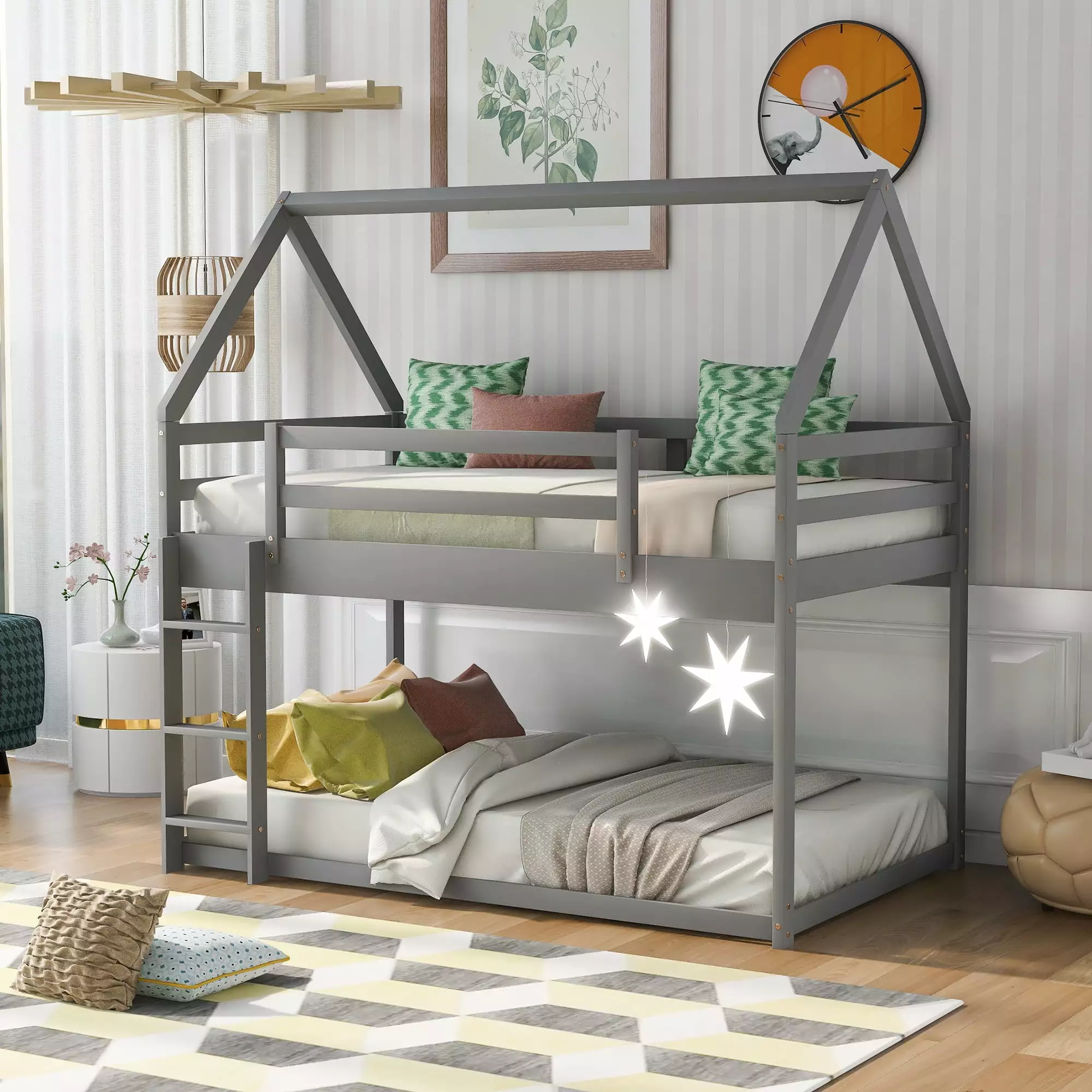 Euroco Twin over Twin House Bed. Low Bunk Bed for Kid's Room. Gray