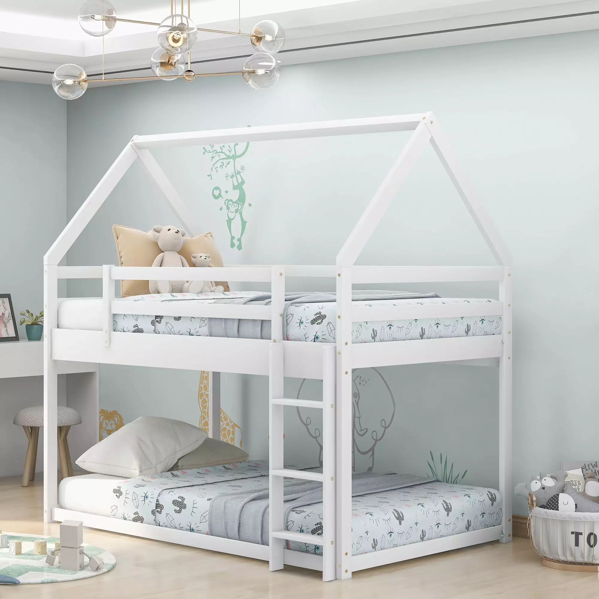 Euroco Twin over Twin House Bed. Low Bunk Bed for Kid's Room. White