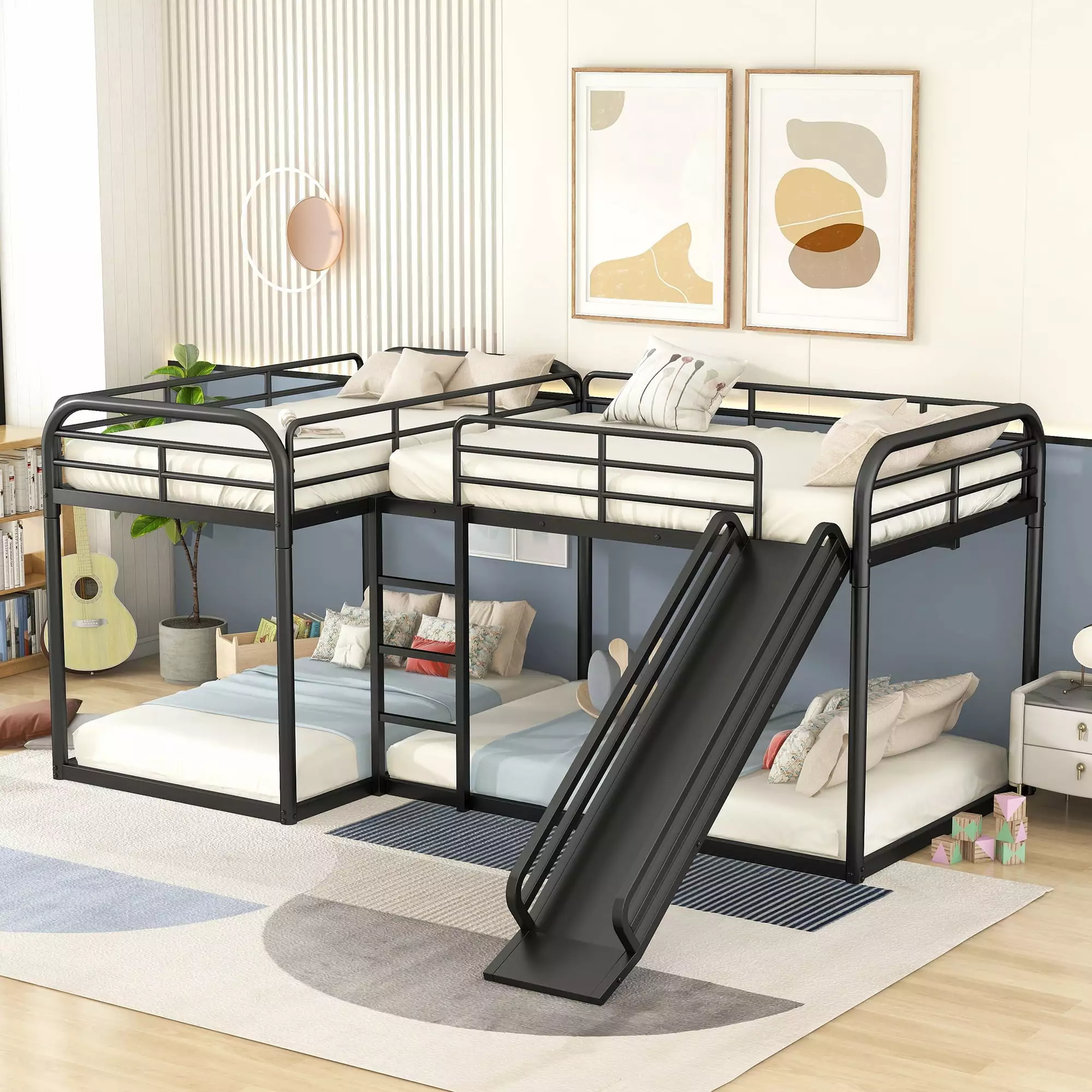 Euroco Twin over Twin and Full over Full Size Bunk Bed. L-Shaped Quadruple Metal Bunk Bed with Slide for Kids. 4-in-1 Beds for Bedroom. Black