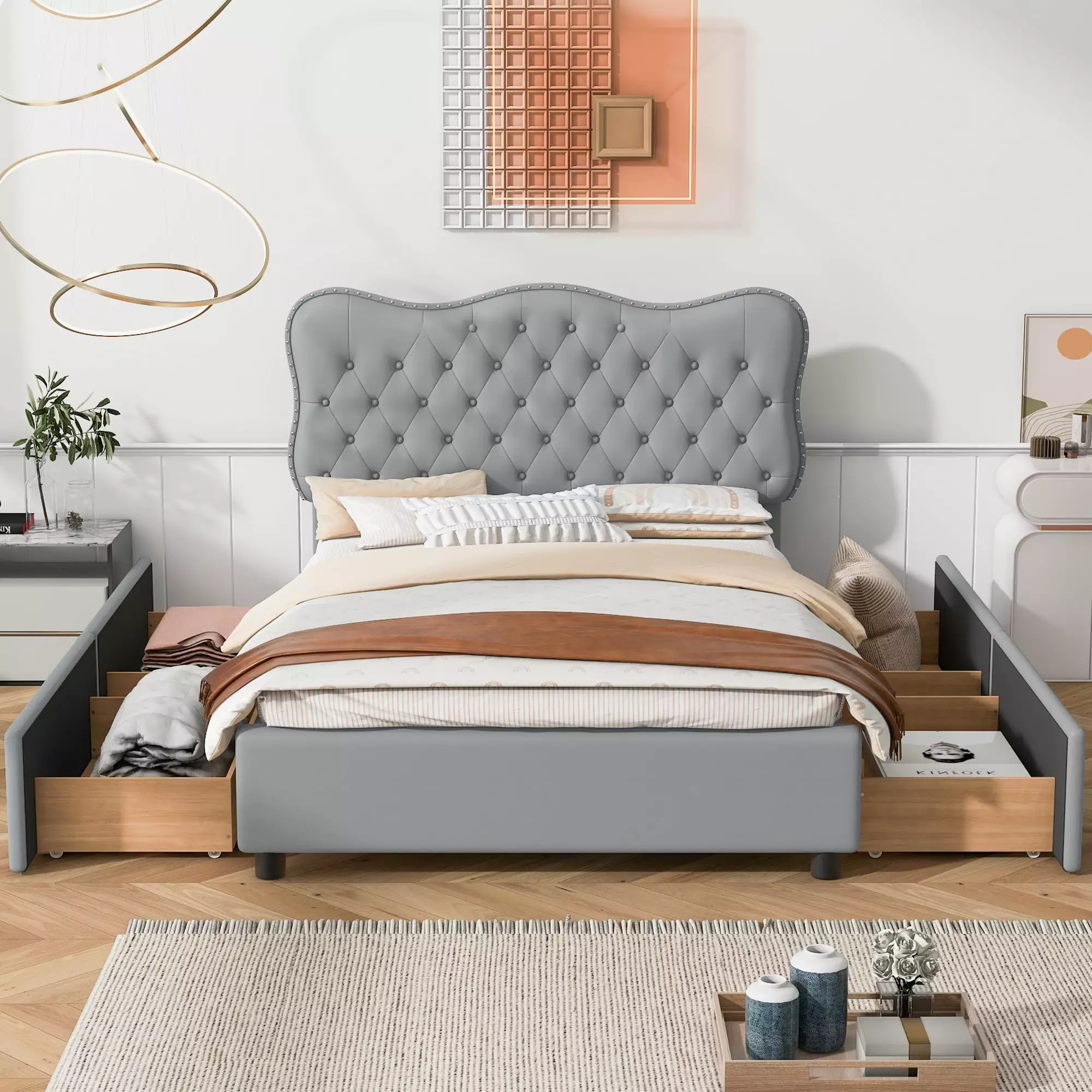 Euroco Upholstered Full Bed. Platform Bed with 4 Storage Drawers. Tufted Bed Frame for Living Room. Gray